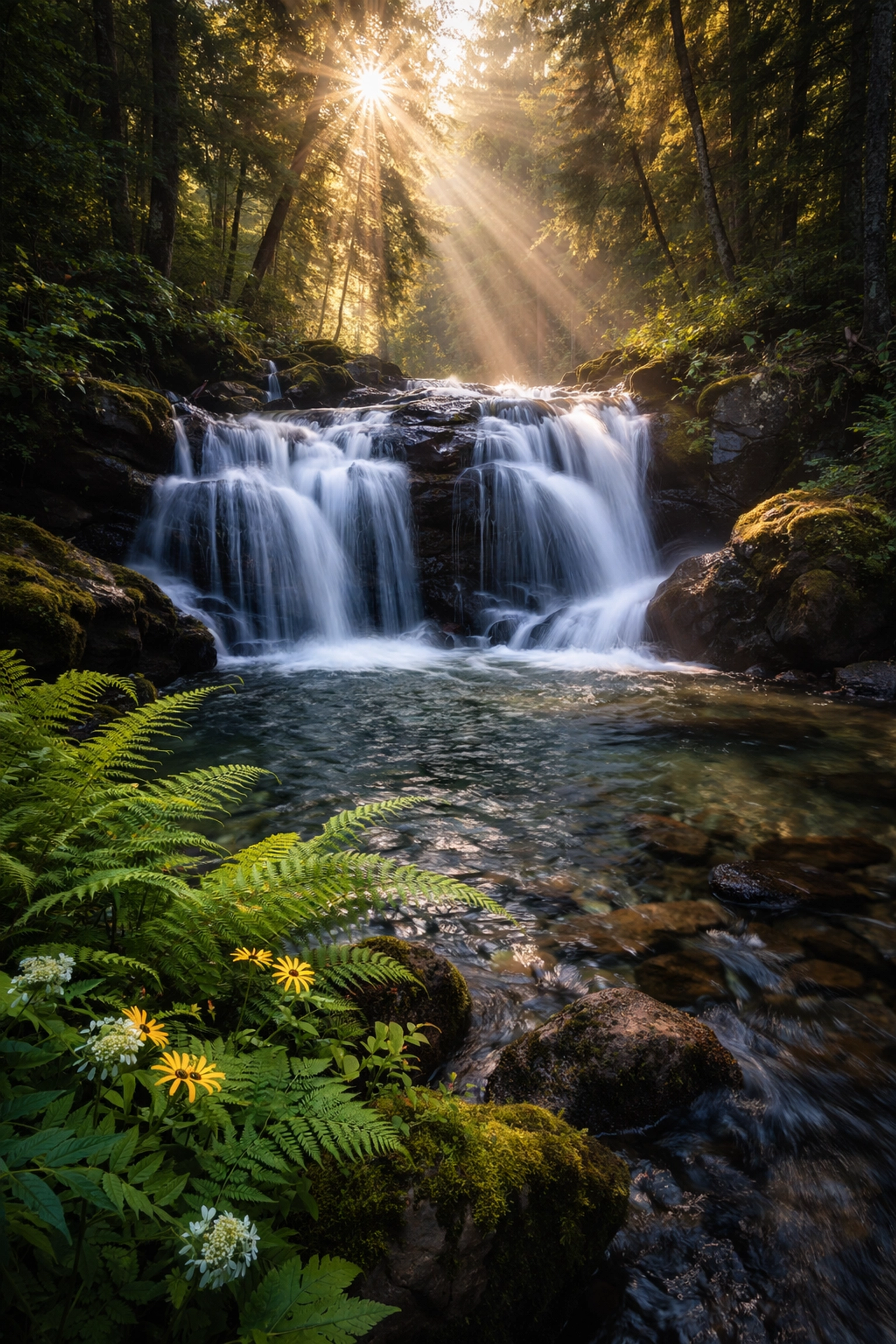 Cascading Wolf Creek Falls in Banning State Park framed by lush green Minnesota forest.