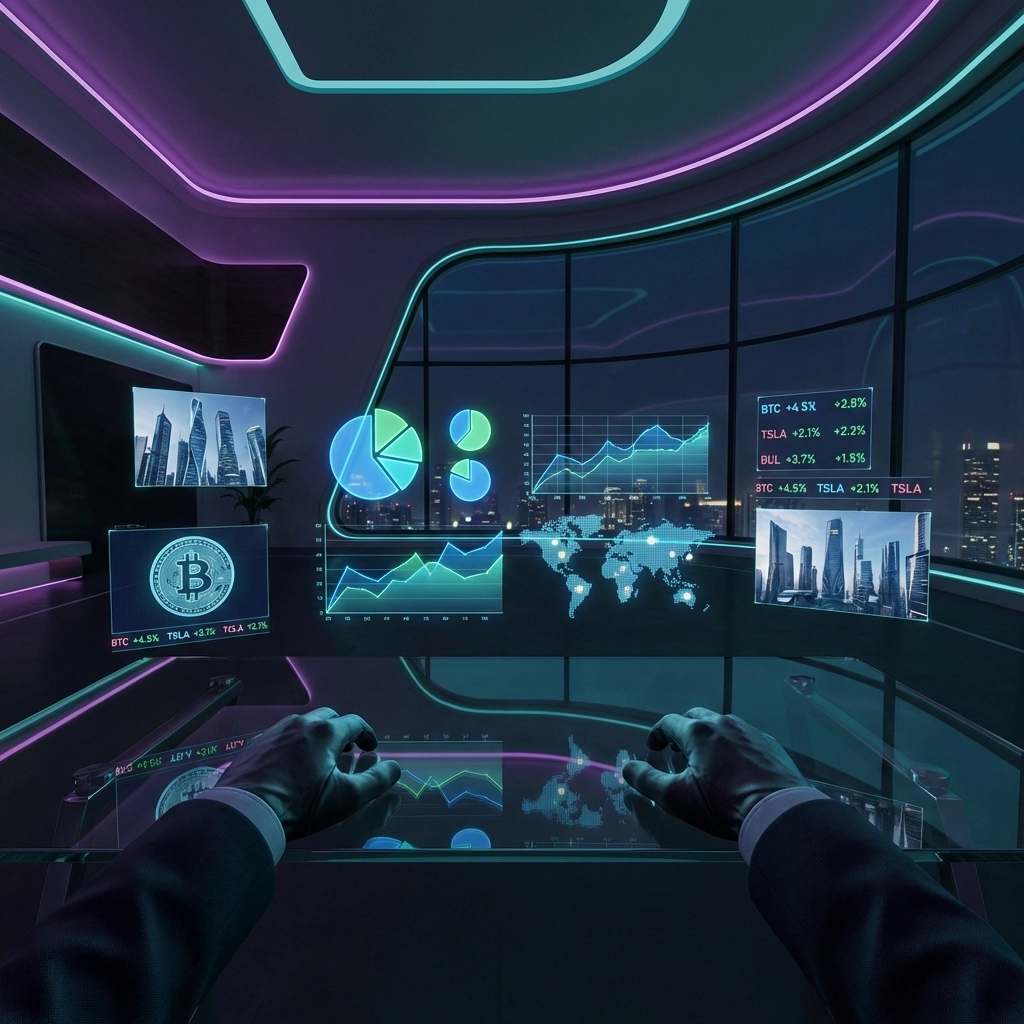 Futuristic dashboard with holographic investment metrics, representing digital asset management and innovative portfolio strategies.