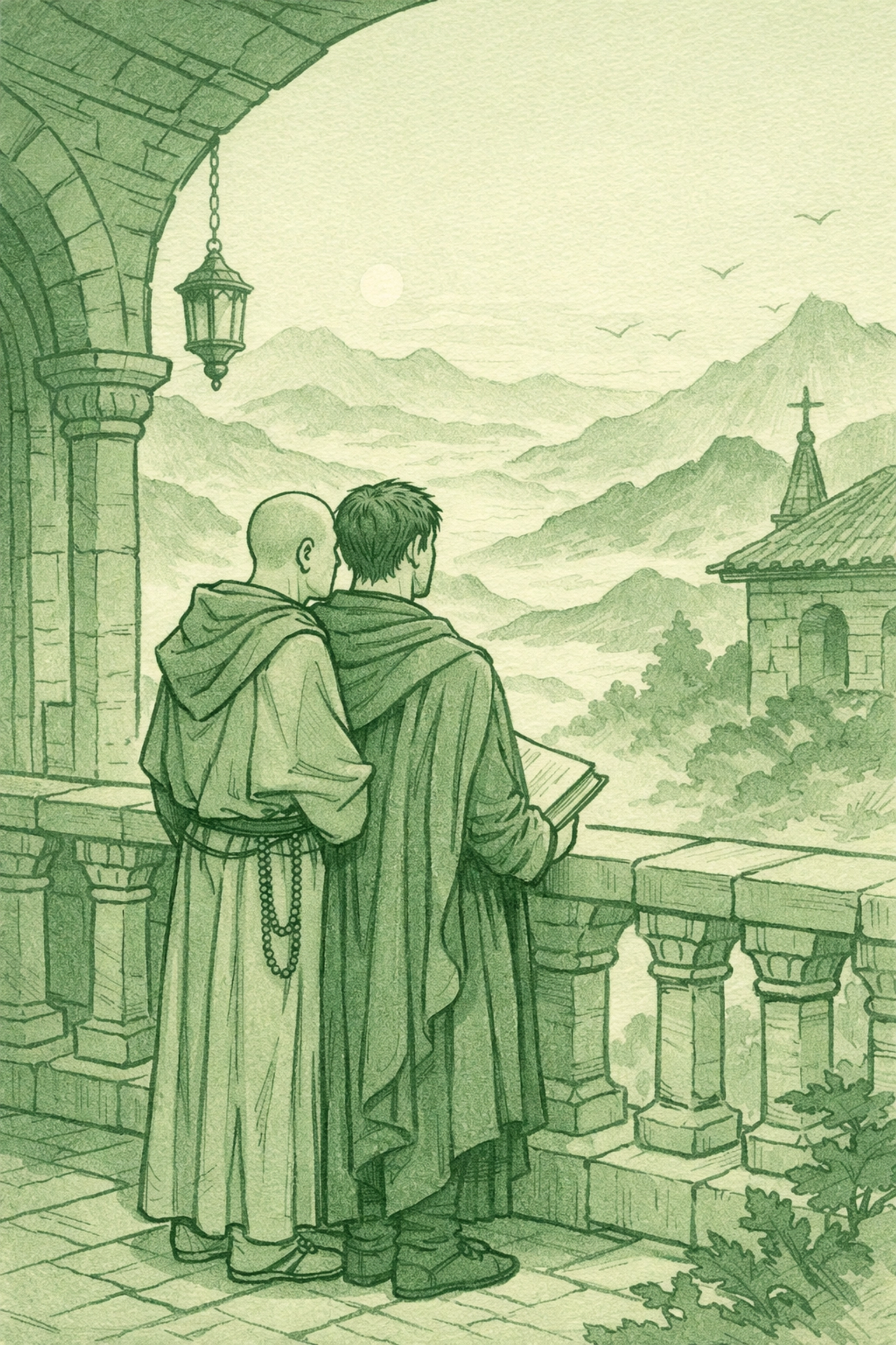 Lyrical gay love story illustration of a couple on a monastery balcony overlooking misty mountains.