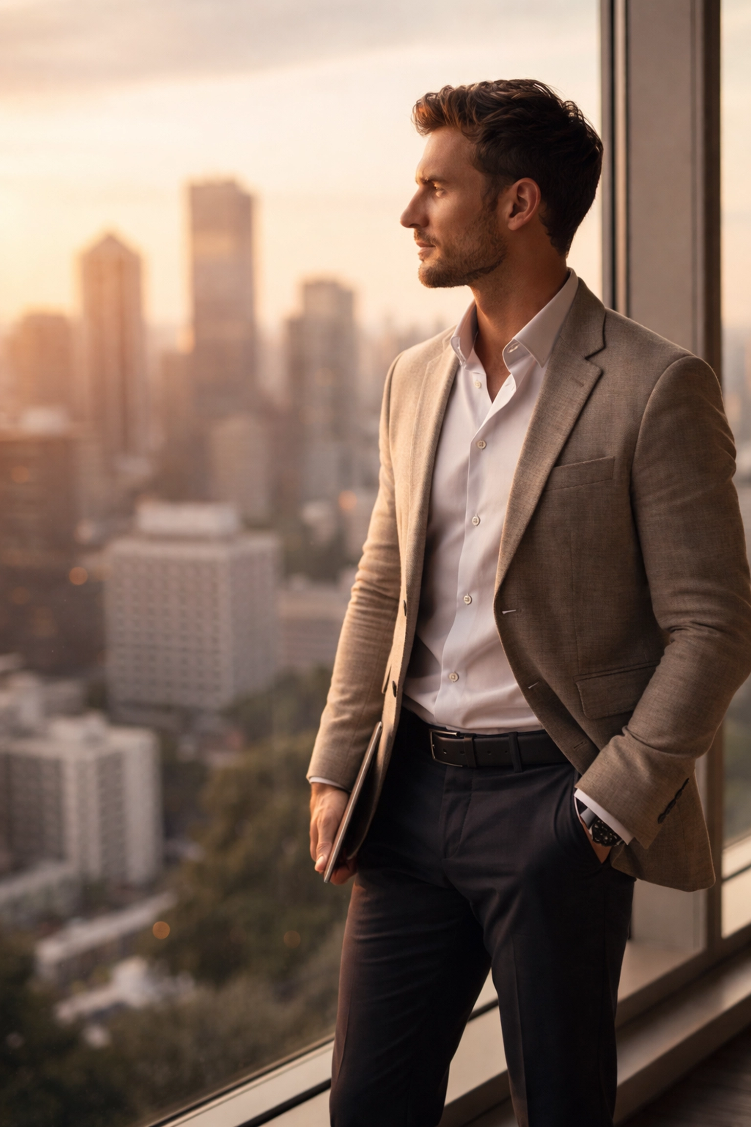 Confident entrepreneur by office window looking at city skyline, reflecting proactive business advisory benefits.