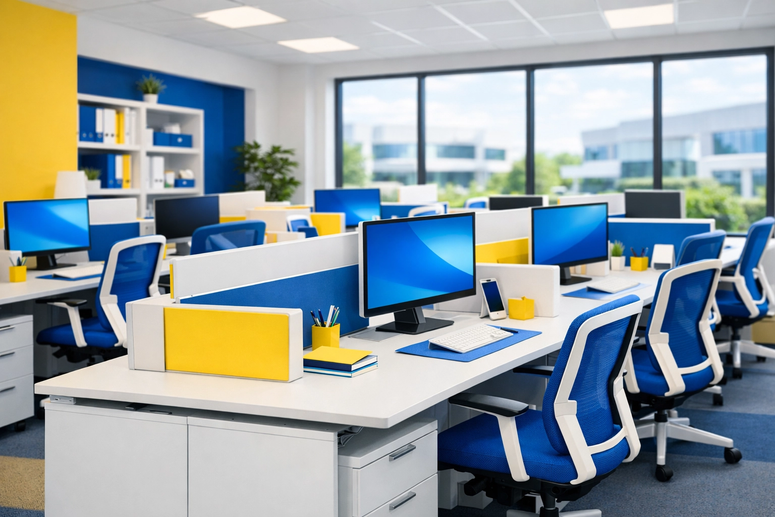 Clean and organized open-plan office in Westwood, MA, featuring dust-free workstations and ergonomic furniture.