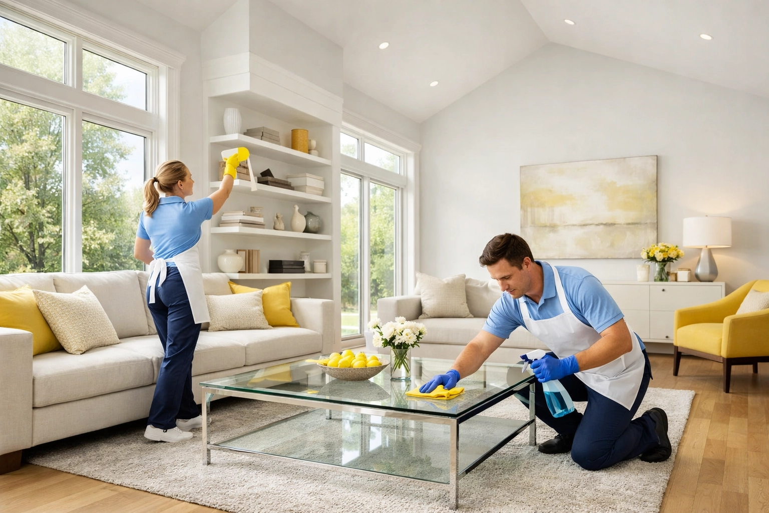 Professional cleaners performing expert house cleaning Ashby MA in a modern living room.