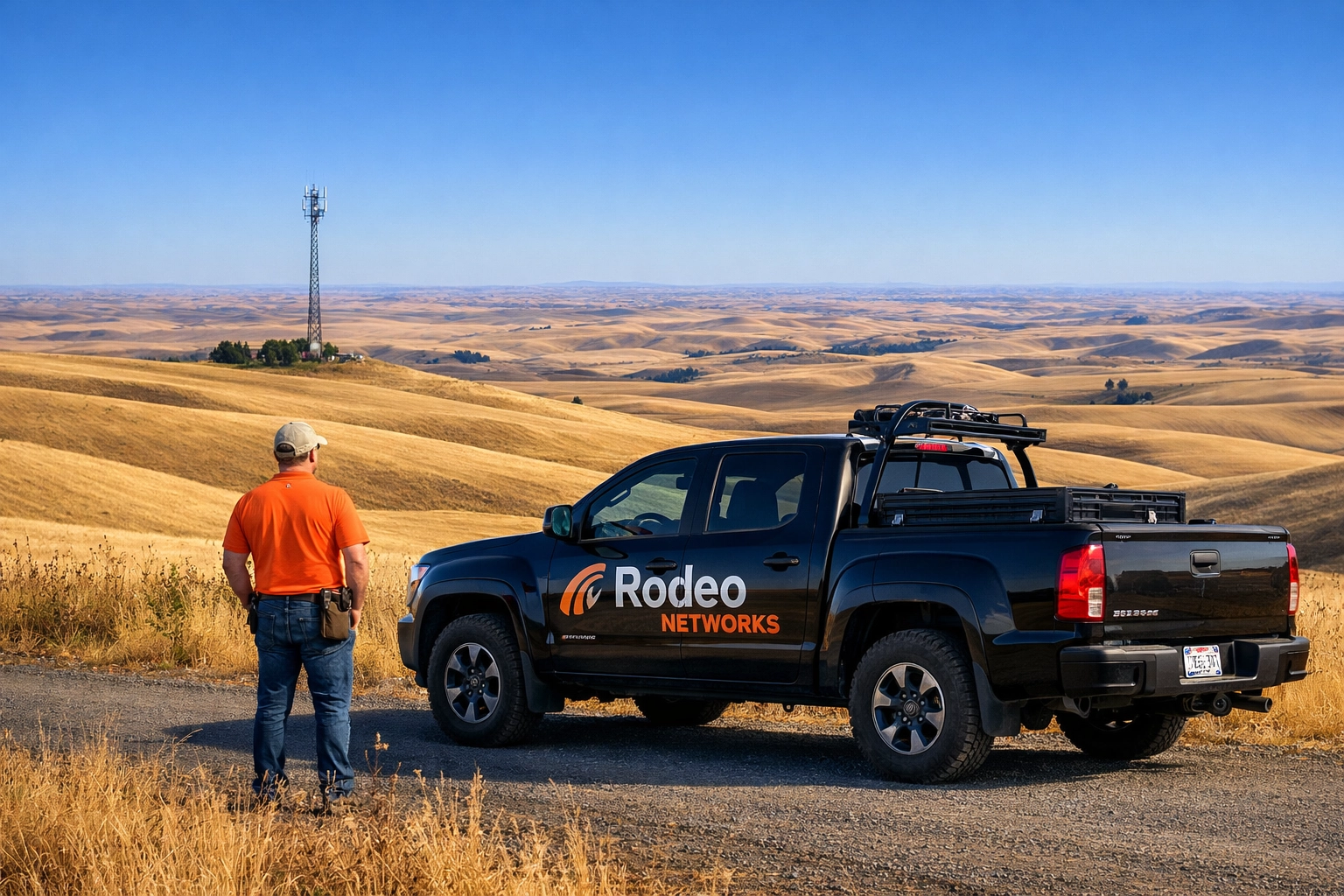 Rodeo Networks service truck and technician installing high-speed internet near the rolling hills of Ritzville WA.
