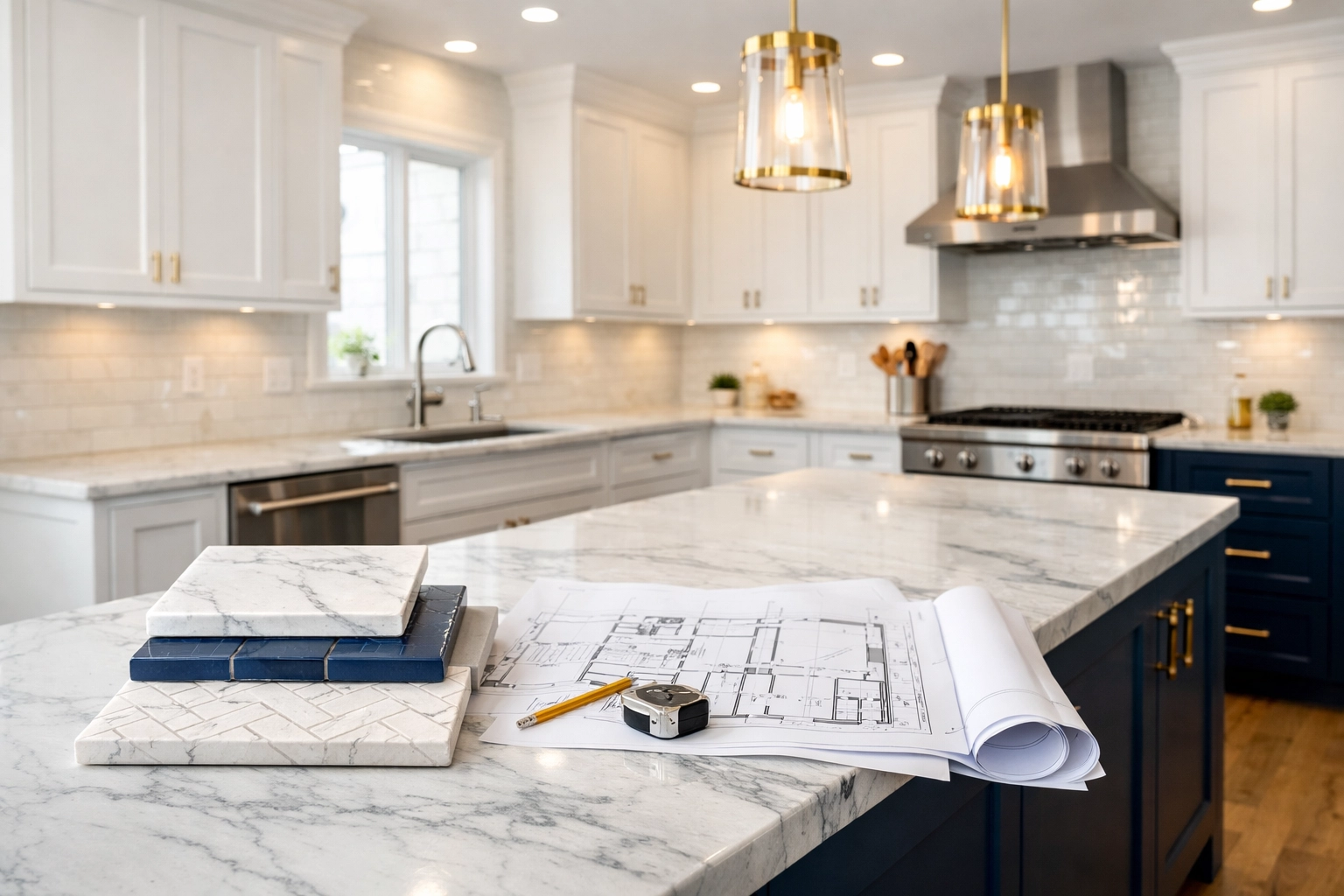 Professional post construction cleaning Milford MA in a modern renovated kitchen with white cabinets.