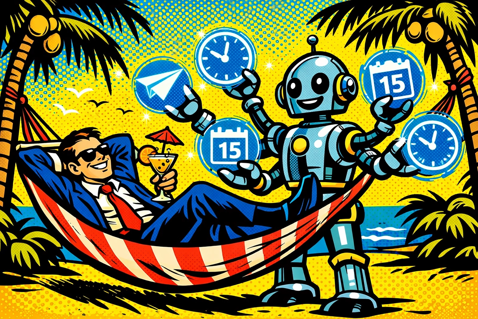A robot using business automation tools to manage tasks while a business owner relaxes in a hammock.