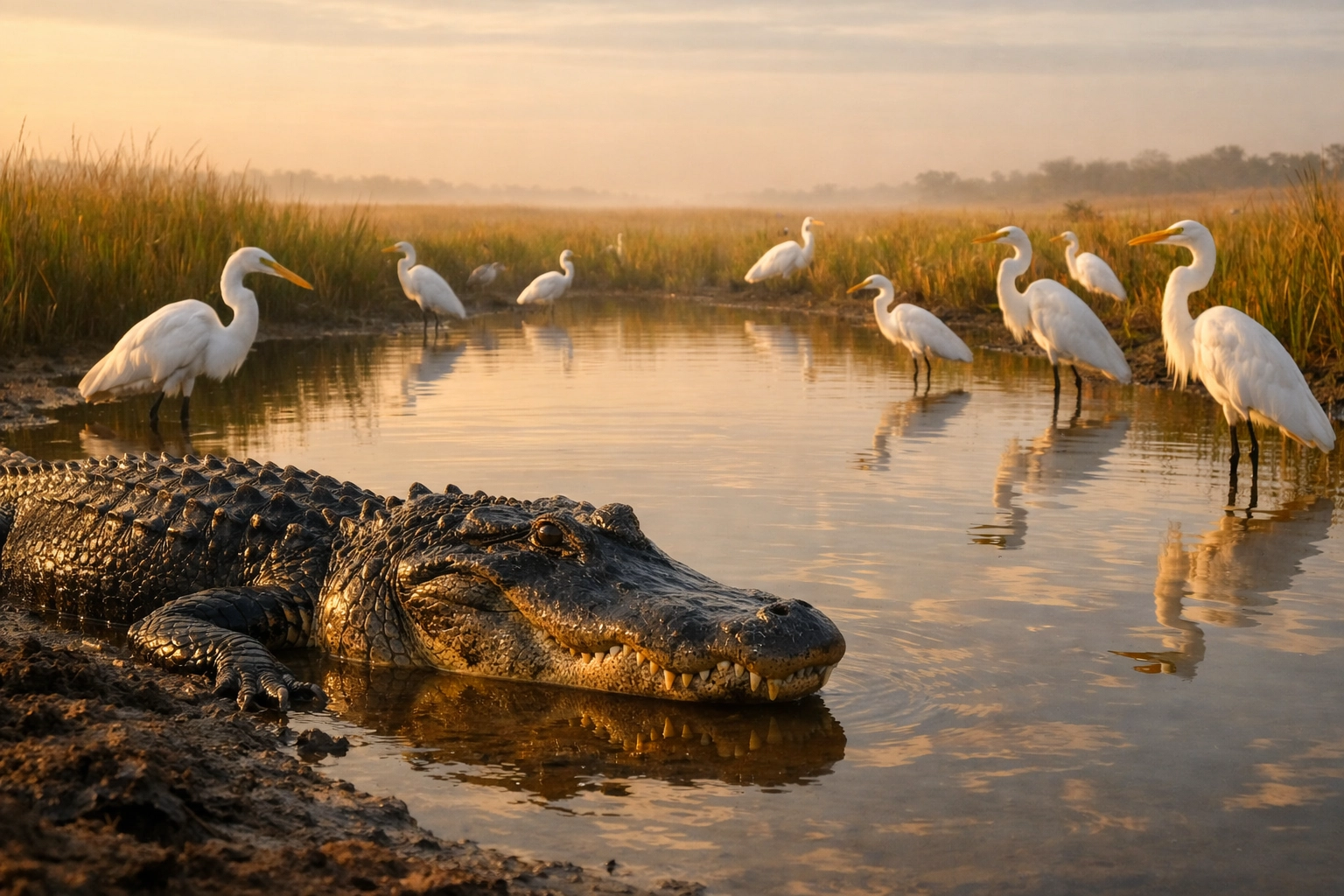 Alligator and Great Egrets at a watering hole in the Florida Everglades during the dry season.