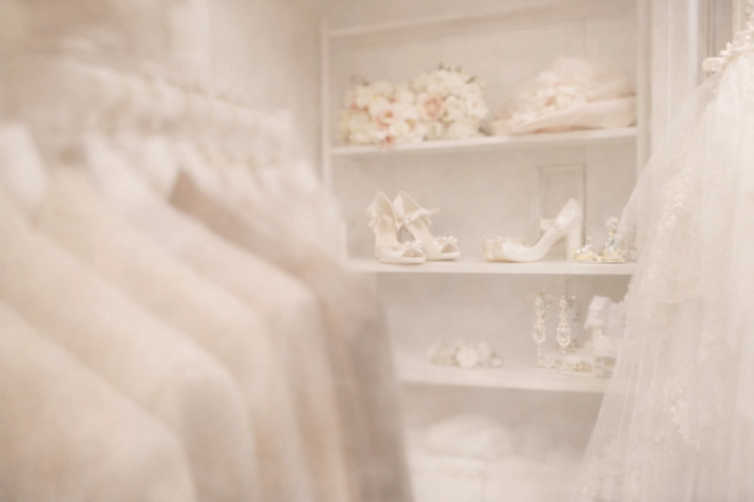 A close-up of a rail featuring a selection of bridal accessories and wedding gowns in soft ivory tones at Gail’s Wedding Emporium.