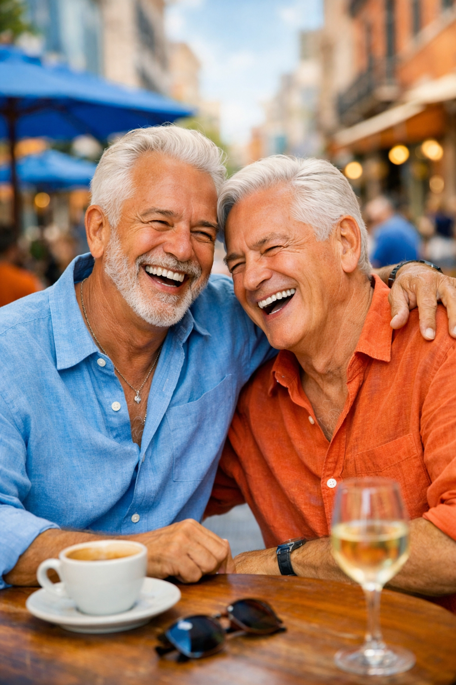 Happy older gay men laughing at a cafe, illustrating resilient love and happy endings in gay romance novels.