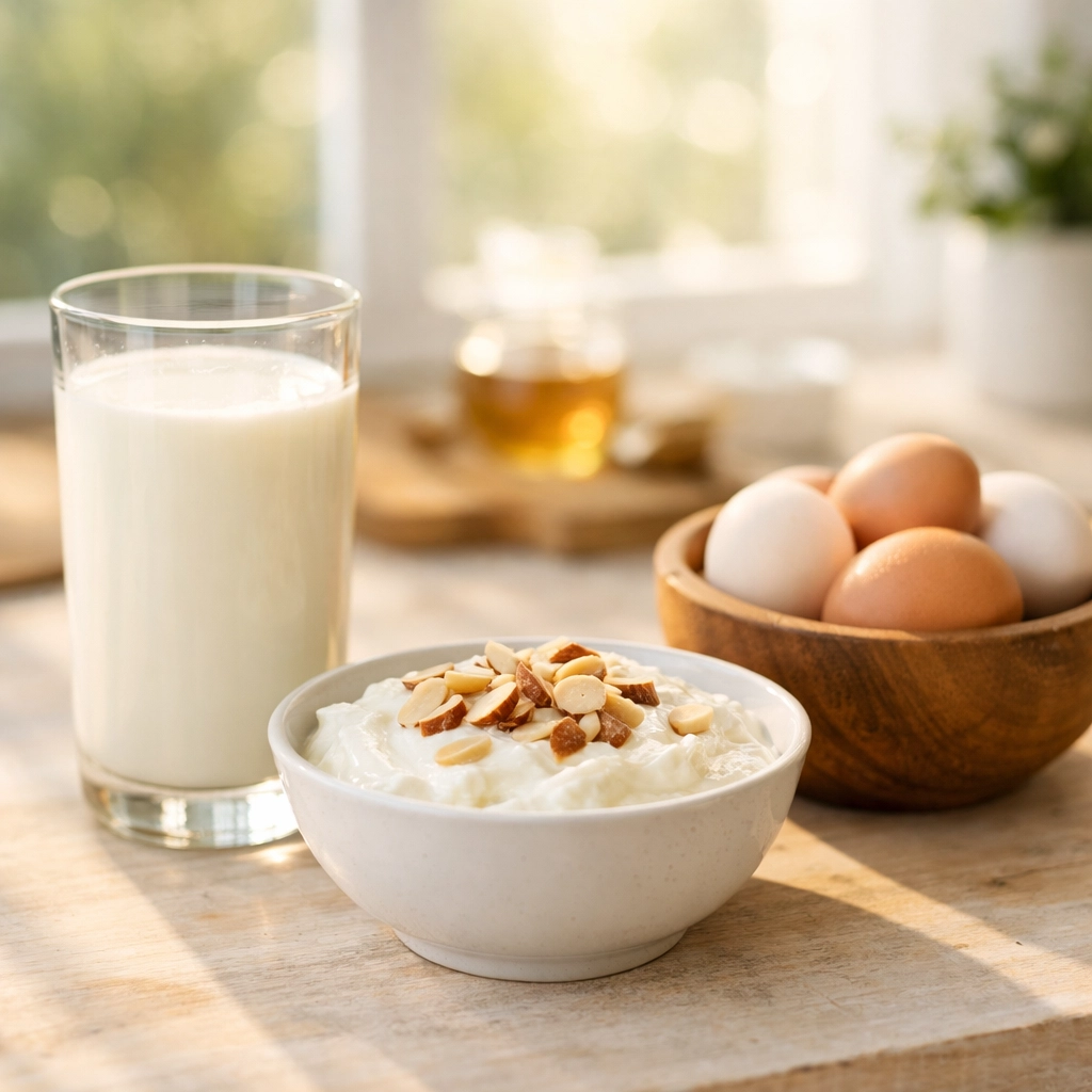Calcium-rich foods like milk, yogurt, and eggs on a sunlit counter to help strengthen bones and prevent falls.