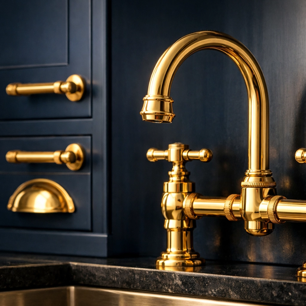 Polished brass kitchen fixtures and navy cabinets highlighting expert residential cleaning in Concord.