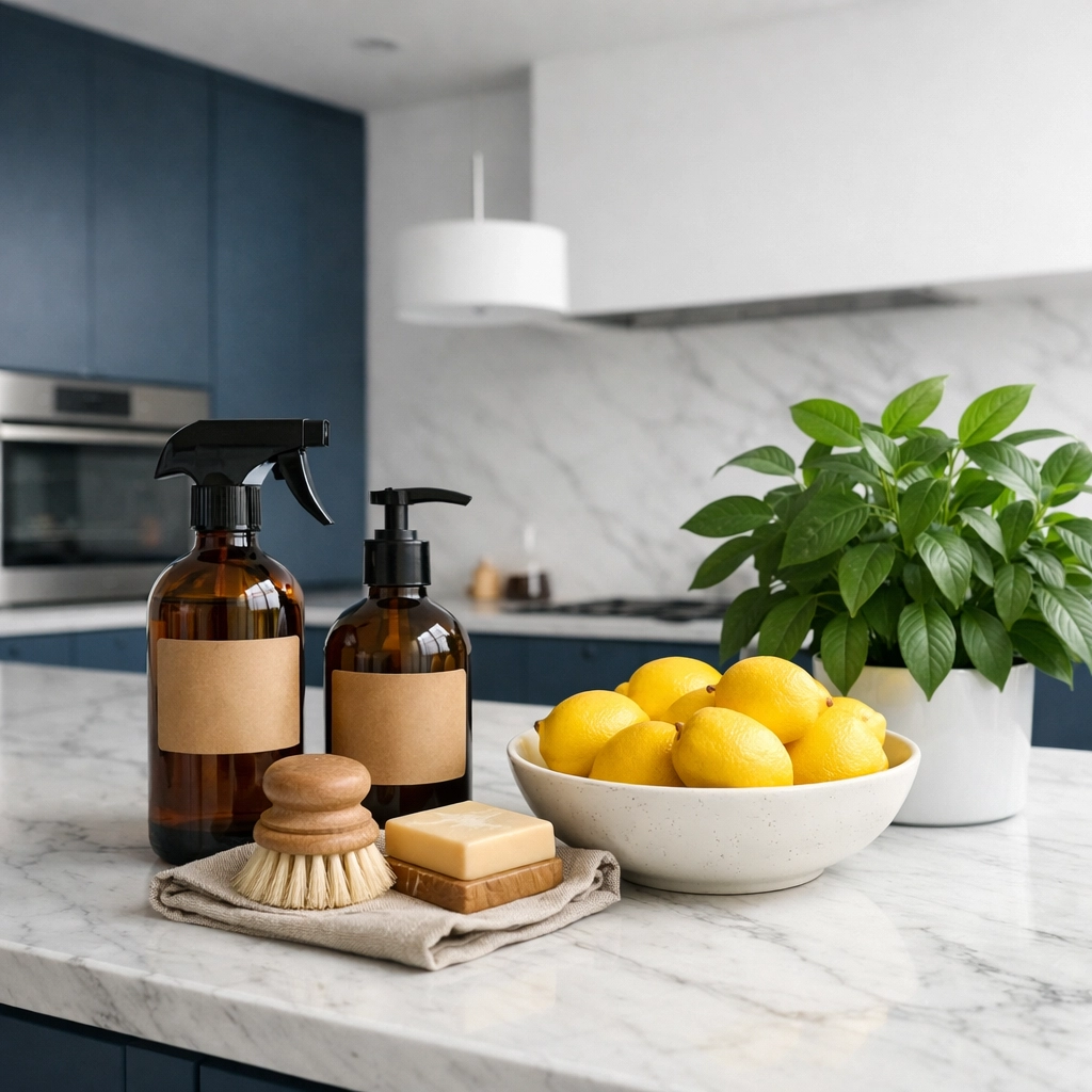Natural eco-friendly cleaning supplies in a modern kitchen for sustainable Apartment Cleaning Boston.