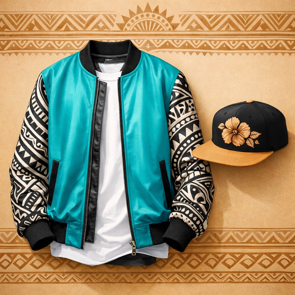 Modern Pacific Islander streetwear with tribal patterns and hibiscus floral designs.