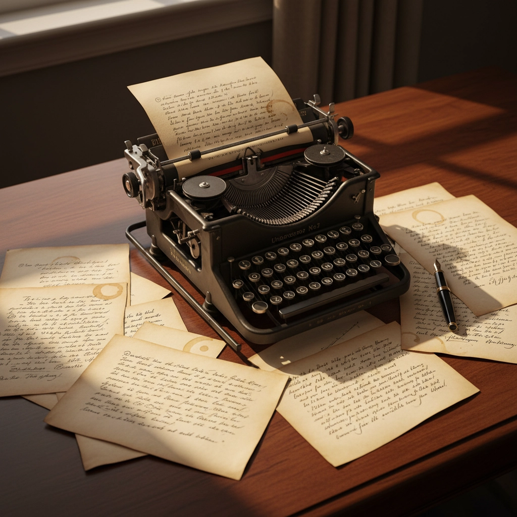Vintage typewriter on a wooden desk surrounded by handwritten manuscript pages and a fountain pen, symbolizing the art of memoir writing and crafting compelling personal stories.
