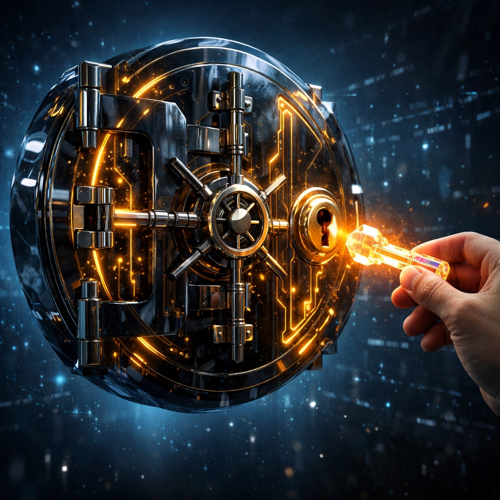 Secure digital vault and key representing a self-custody merchant account for financial sovereignty.