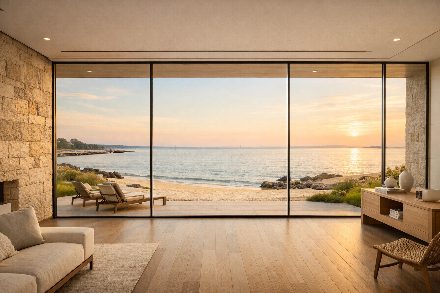 Modern shoreline sanctuary interior with beach views, providing peace of mind through total wealth defense.