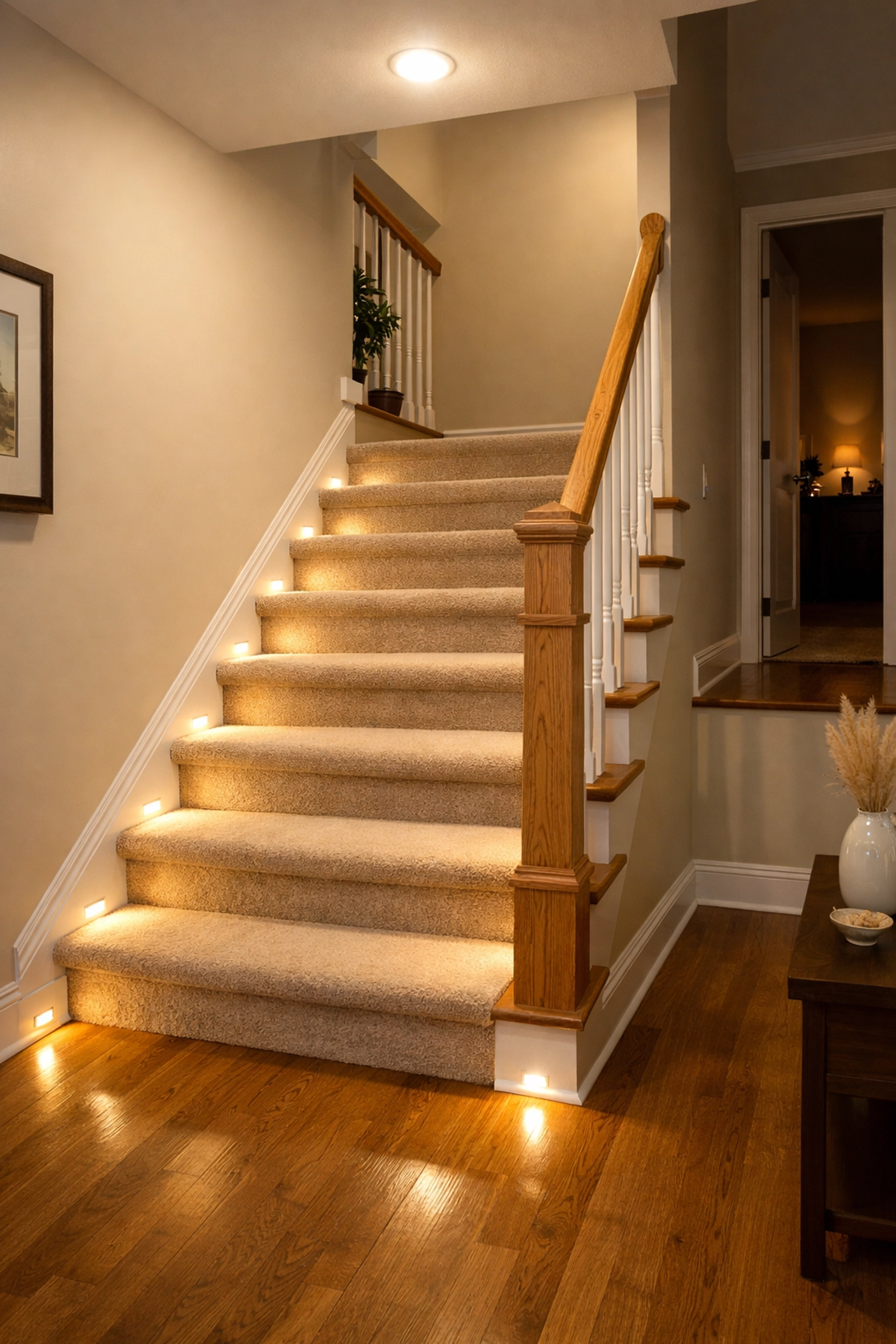 Modern staircase with motion-sensor LED lights and bright overhead lighting to improve stair safety at night.