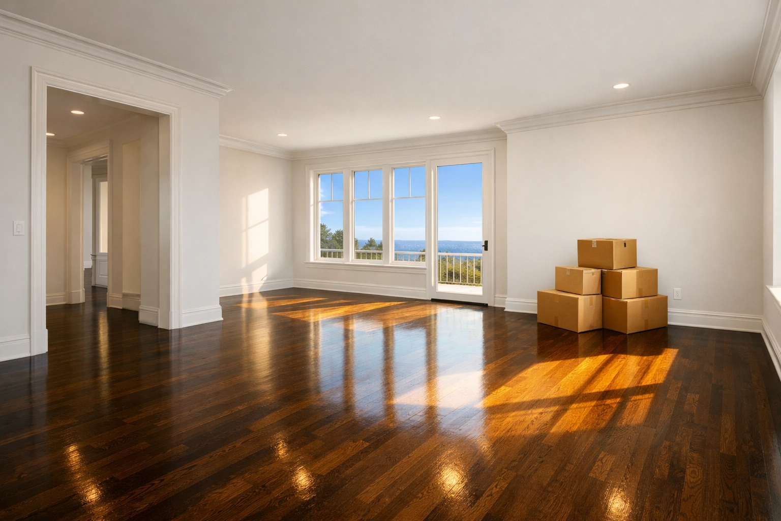 Clean, empty living room in Leominster MA with polished floors after professional residential cleaning.