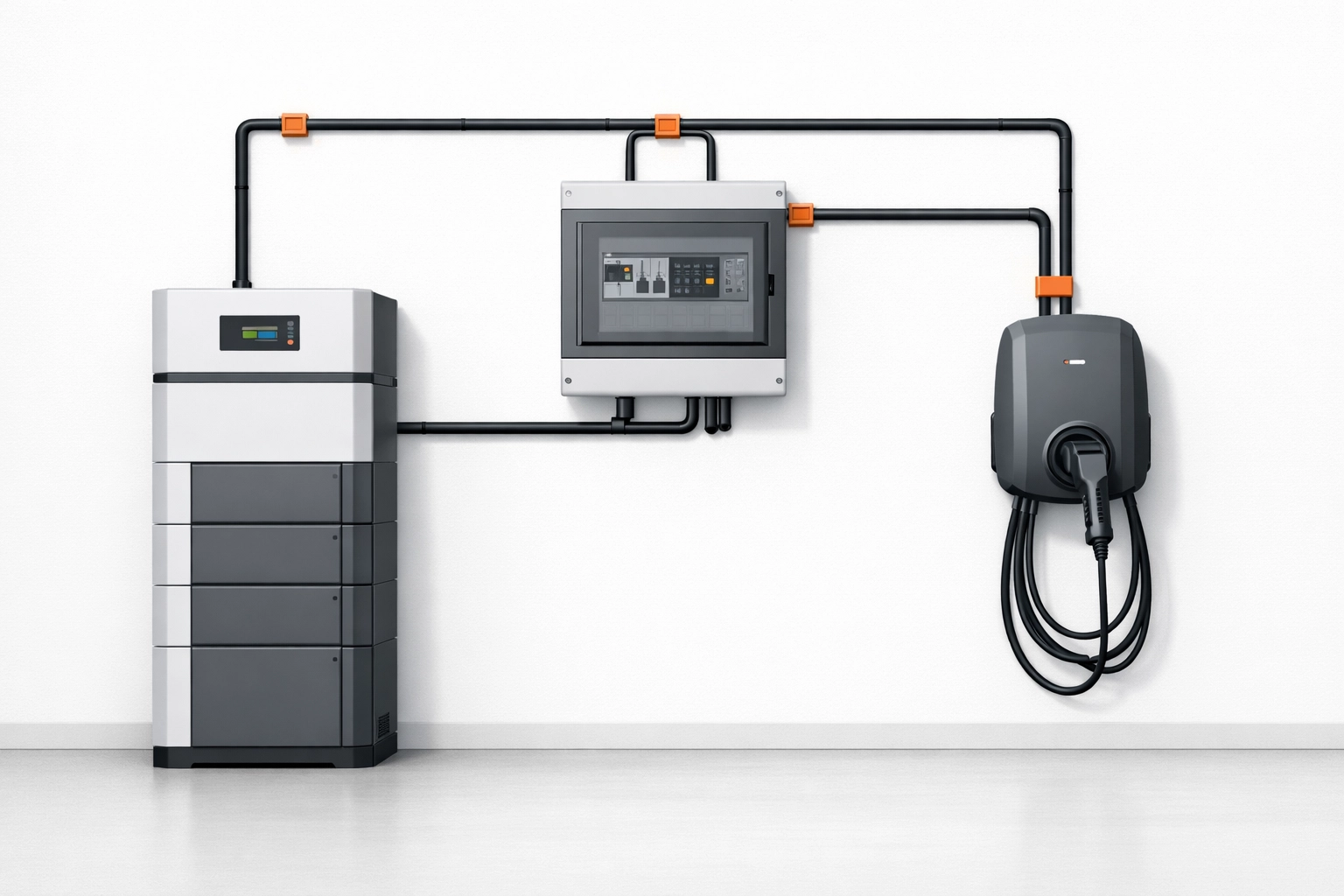 Kombinierte Elektroinstallation mit PV-Speicher, Verteilerkasten und E-Auto Wallbox.