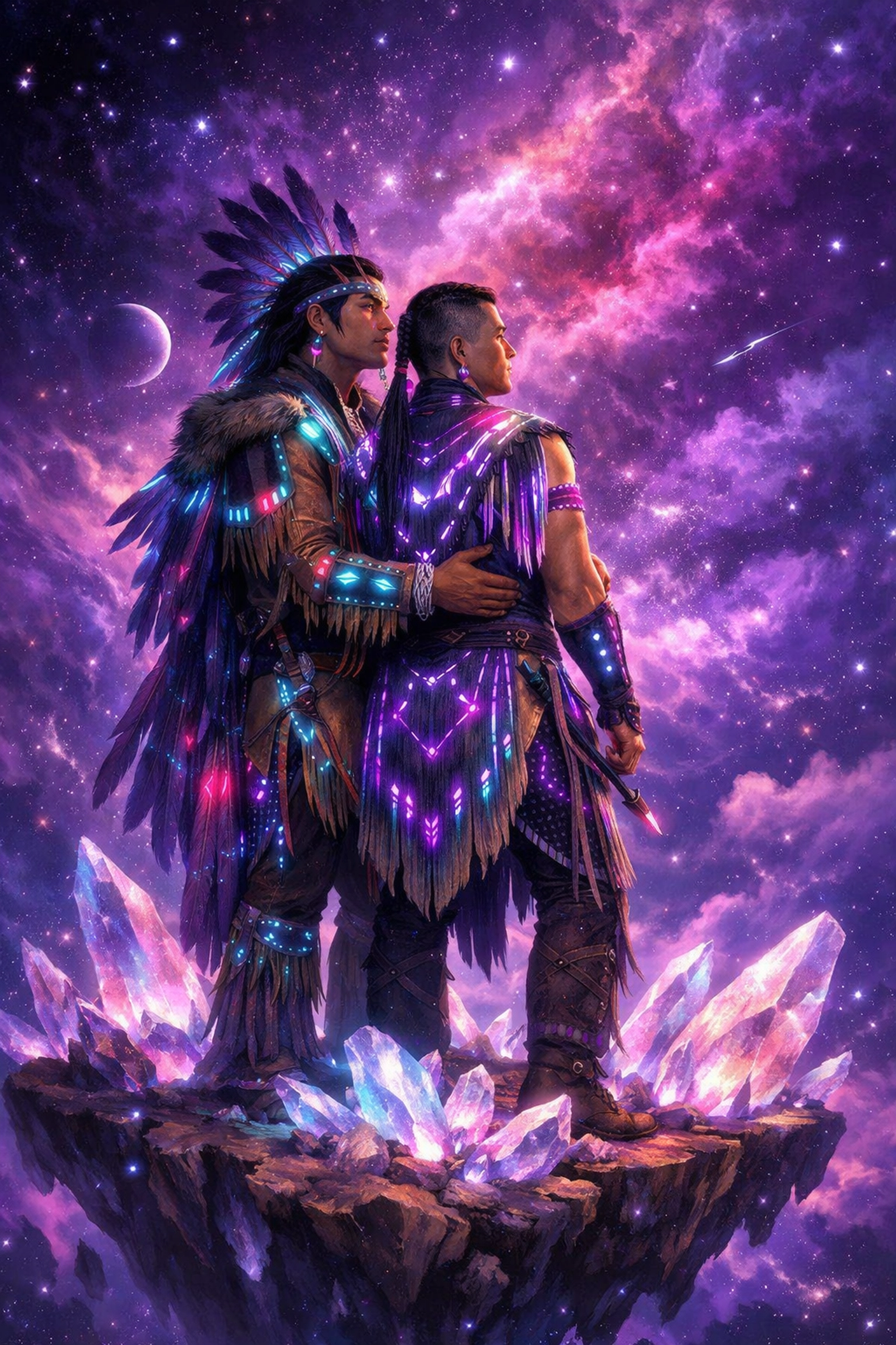 Indigenous men in a celestial fantasy landscape, illustrating the power of Indigiqueer futurism and MM romance.