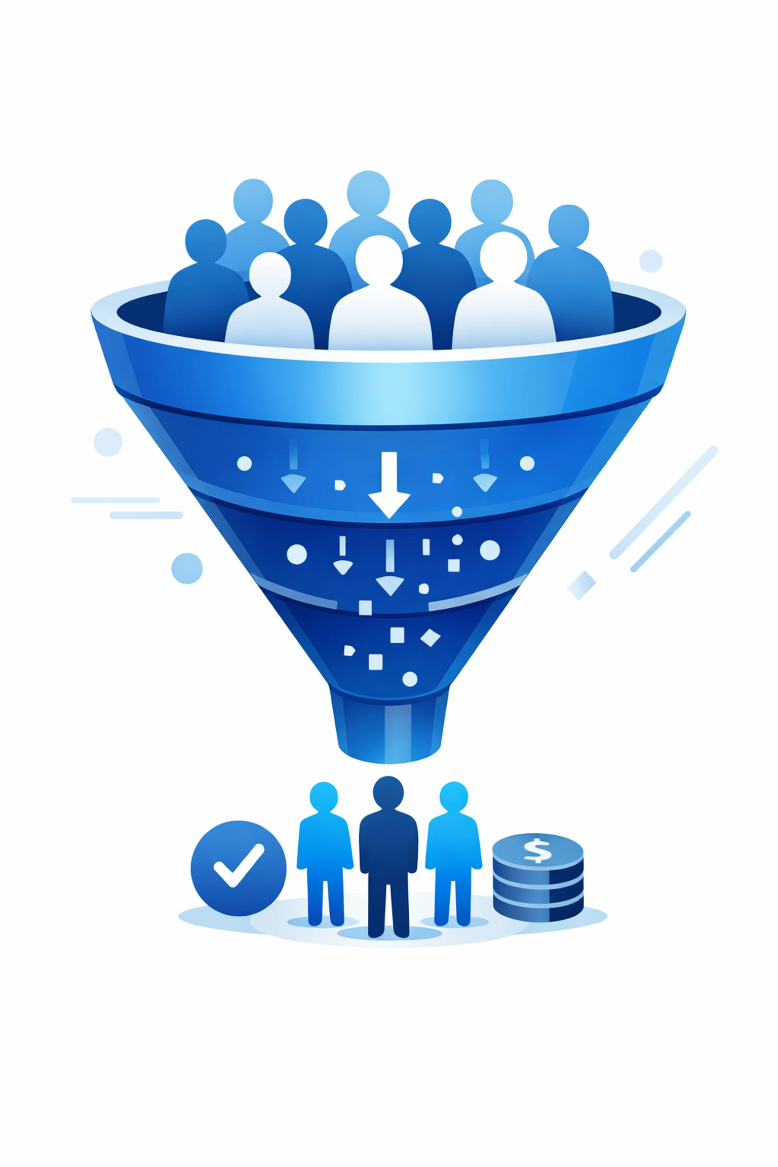 Website conversion funnel showing visitor traffic filtering to qualified leads