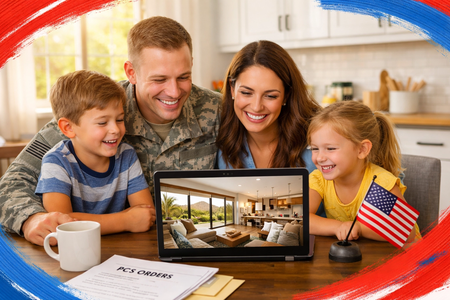 Military family viewing virtual home tour on laptop for Luke AFB PCS move to Arizona Military family viewing virtual home tour on laptop for Luke AFB PCS move to Arizona