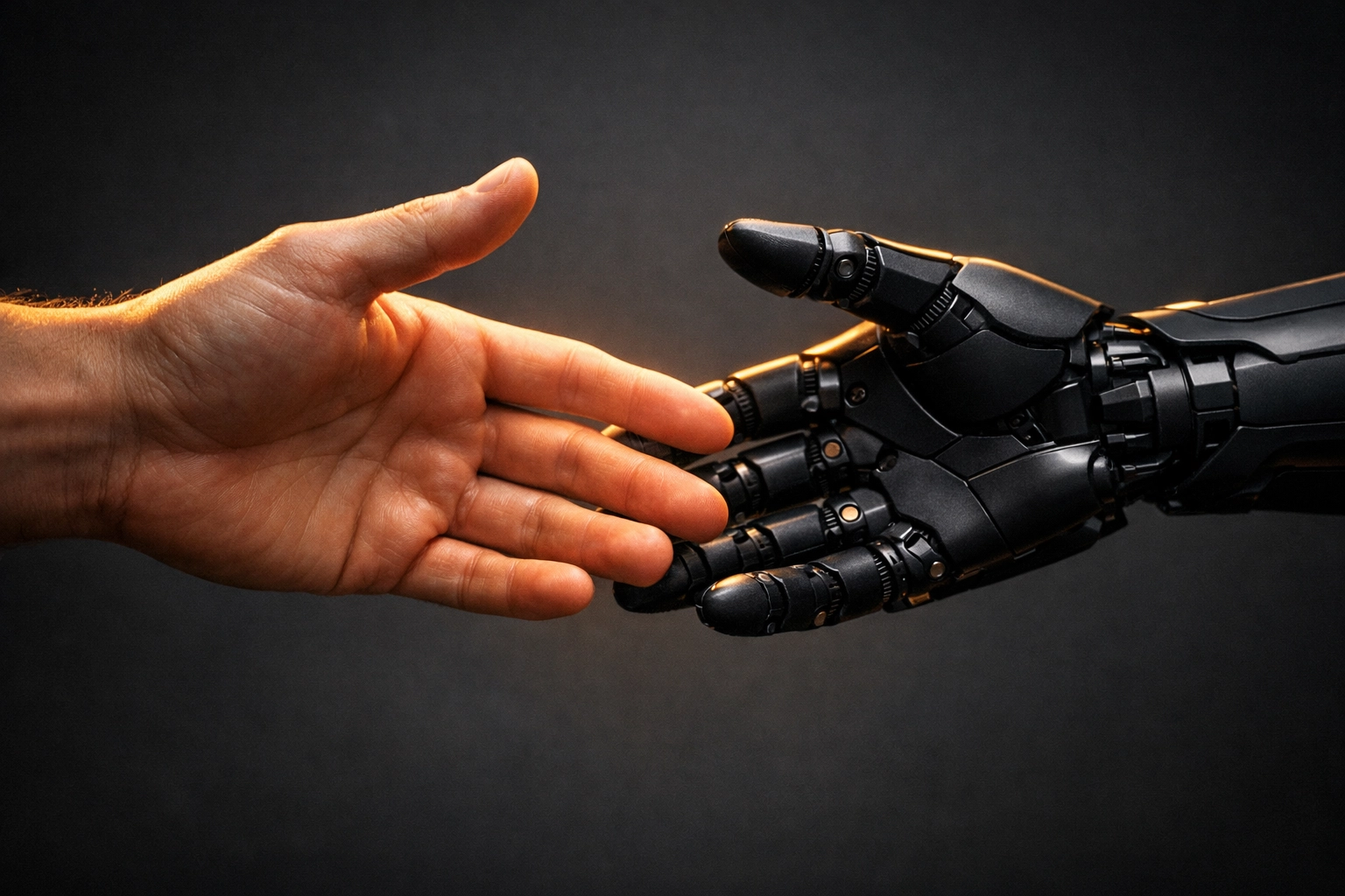 A robotic hand reaching for a human handshake, illustrating human follow-up over automated lead nurturing.