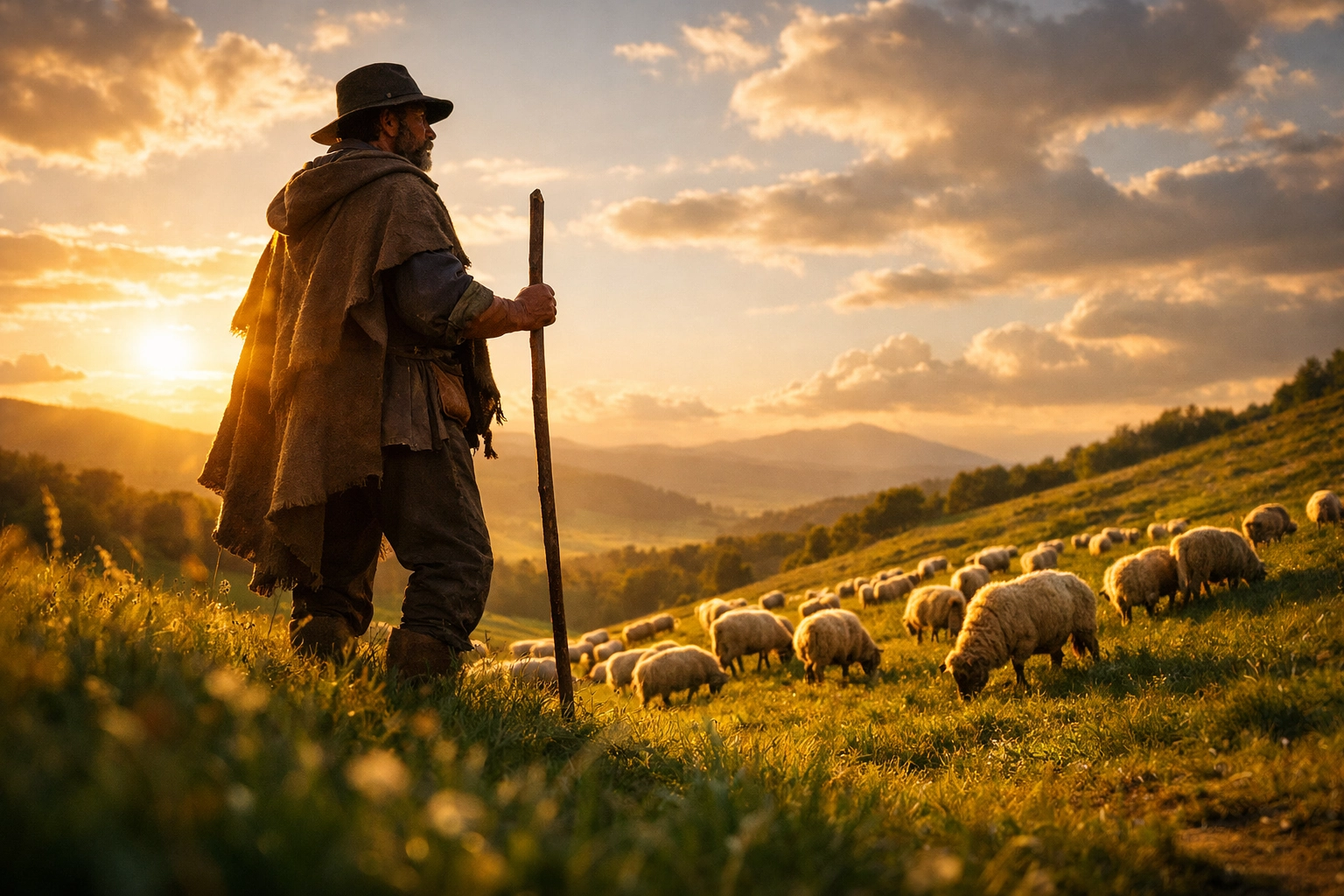 Shepherd watching over sheep on hillside illustrating Psalm 23 God as shepherd