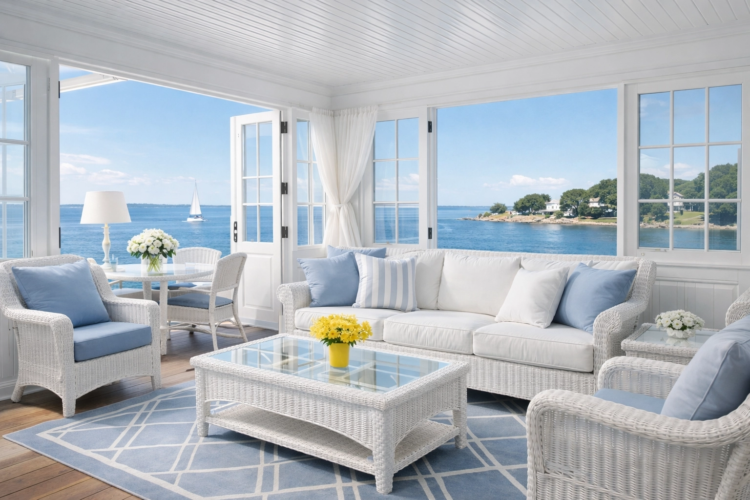 Pristine sunroom overlooking the Hingham coast after professional weekly house cleaning by The Cleaning Ninjas.
