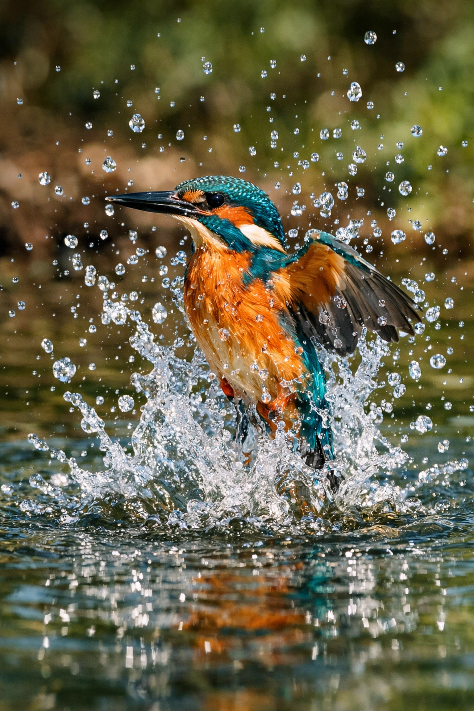 Action shot of a vibrant kingfisher bird splashing in water for digital media and presentations.