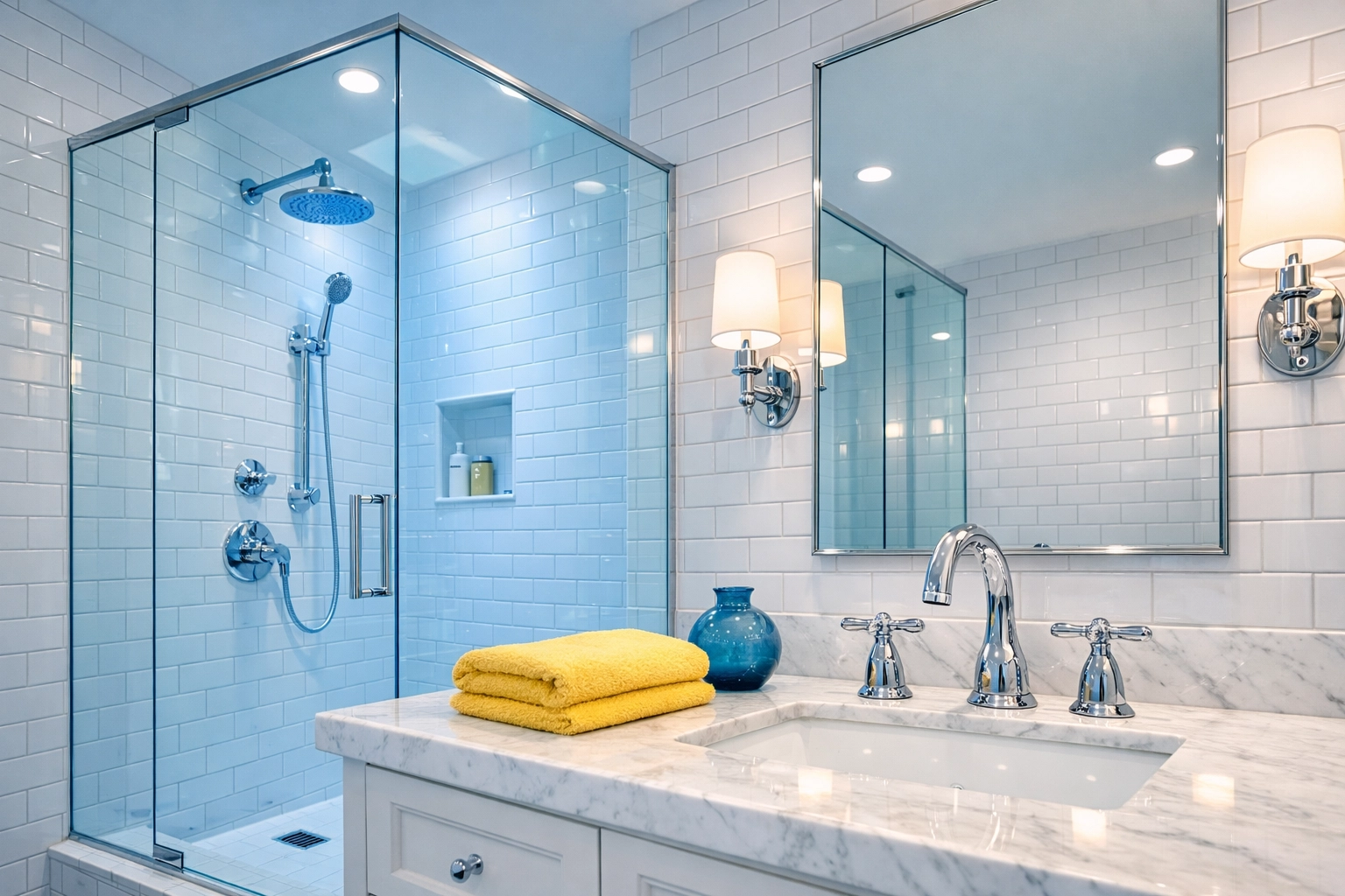 High-end bathroom with sanitized tile and grout after professional deep cleaning services in MA.