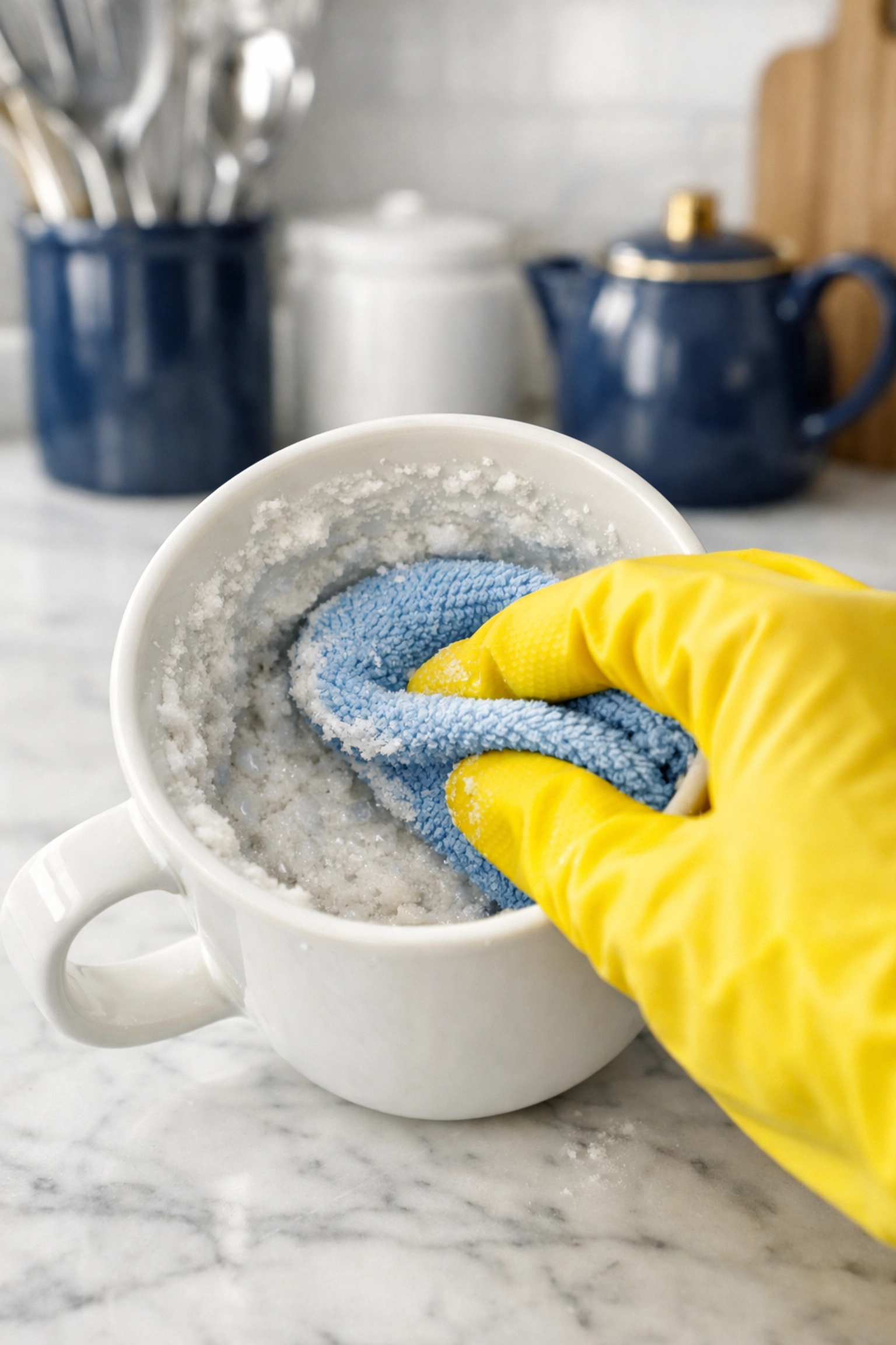 Cleaning a white ceramic mug with a baking soda paste and a blue cloth in a modern kitchen.