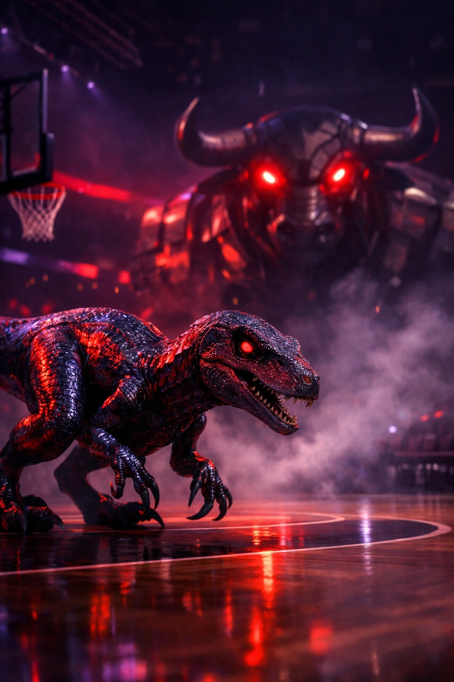 Raptor stalks mechanical bull in arena symbolizing Toronto Raptors' H2H dominance over Chicago Bulls.