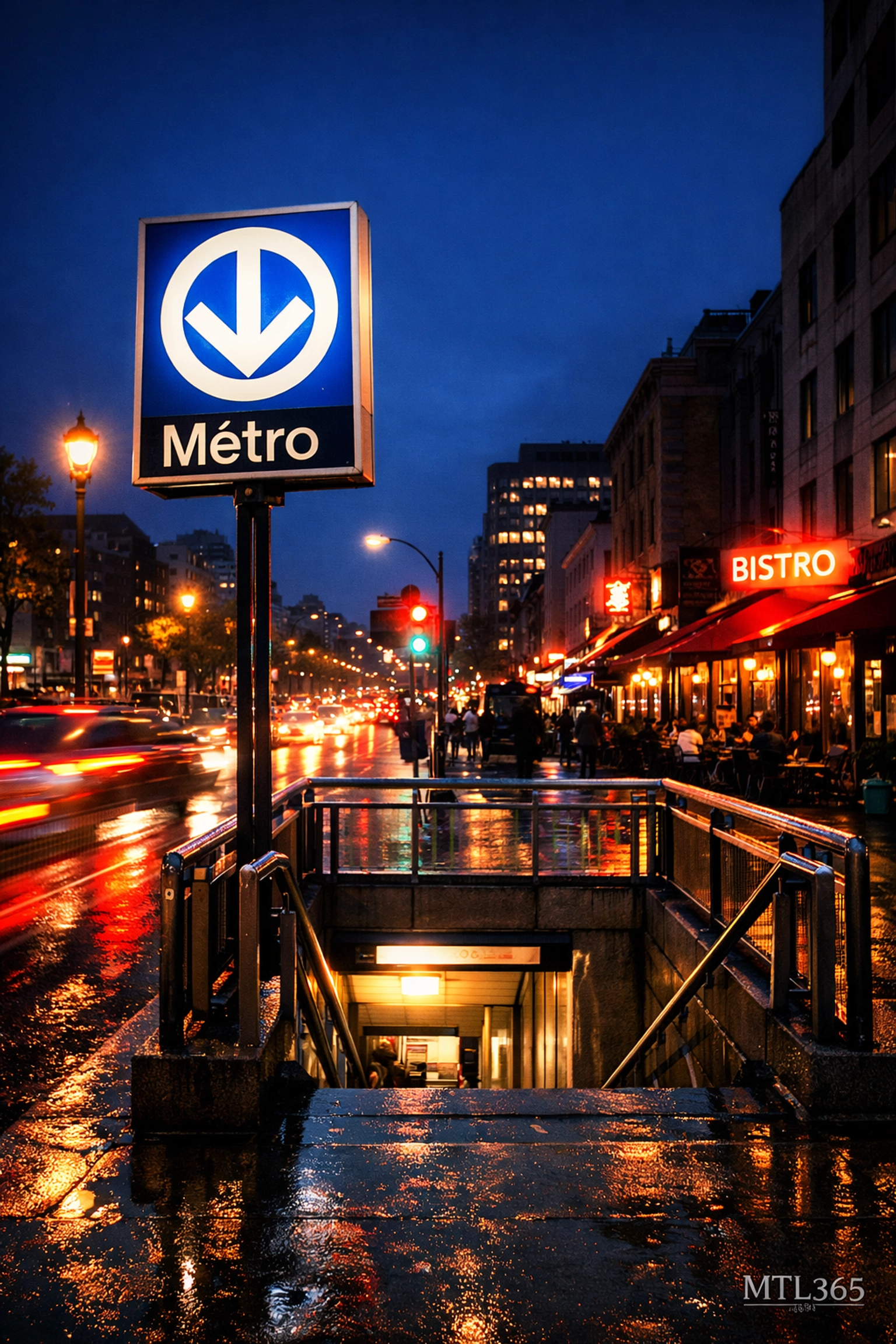 Iconic Montreal Metro sign at dusk reflecting on a wet city street after a night of events.