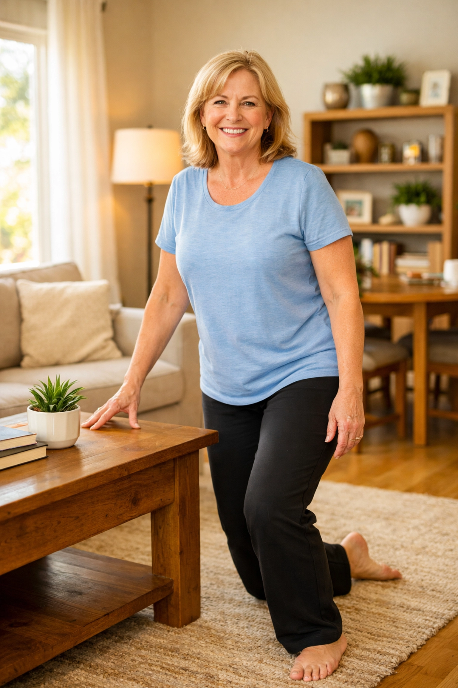 Woman safely standing up after a fall using coffee table for stable support