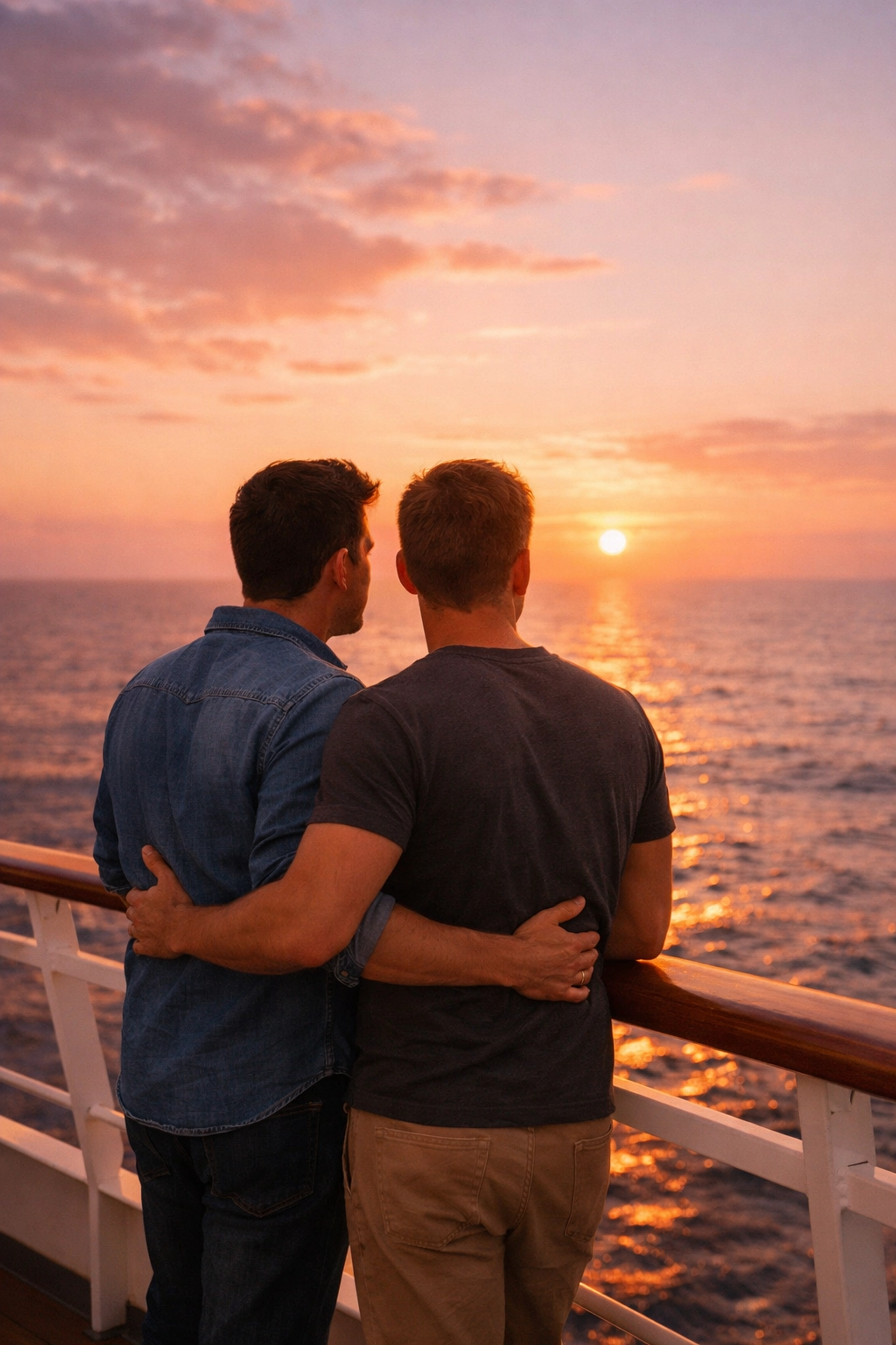 Two gay men embrace at cruise ship railing watching sunset over ocean