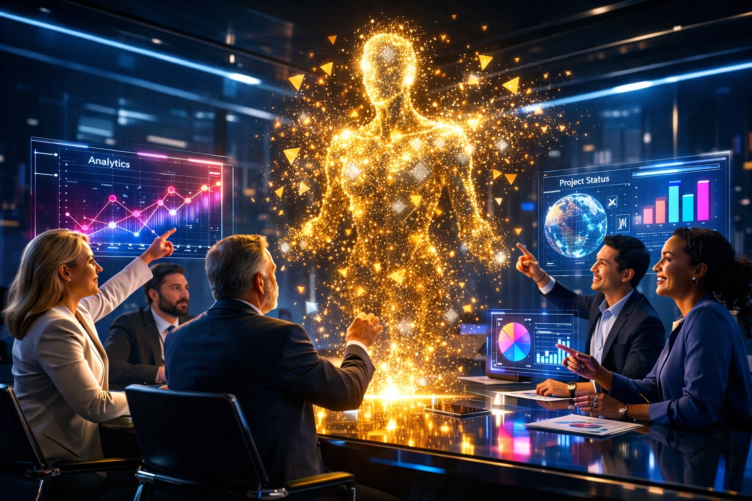 Team-Zusammenarbeit mit KI-Unterstützung an digitalen Dashboards zur sicheren KI-Einführung.