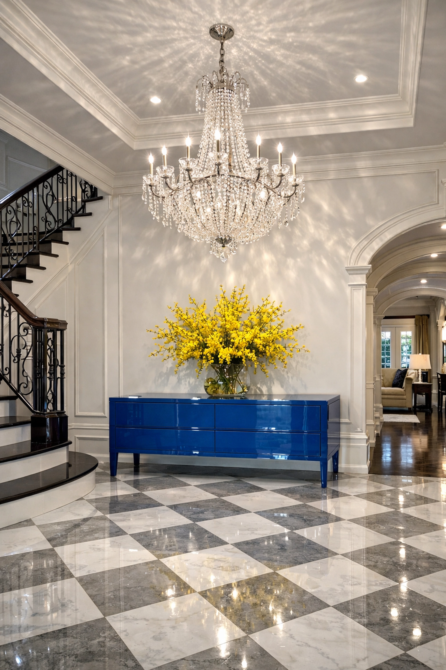 Sparkling crystal chandelier and clean marble floors maintained by luxury house cleaning in Hingham.