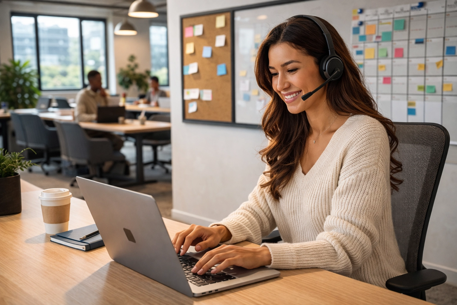 Administrative professional working flexibly from a modern co-working space with laptop and headset, highlighting hybrid work benefits.