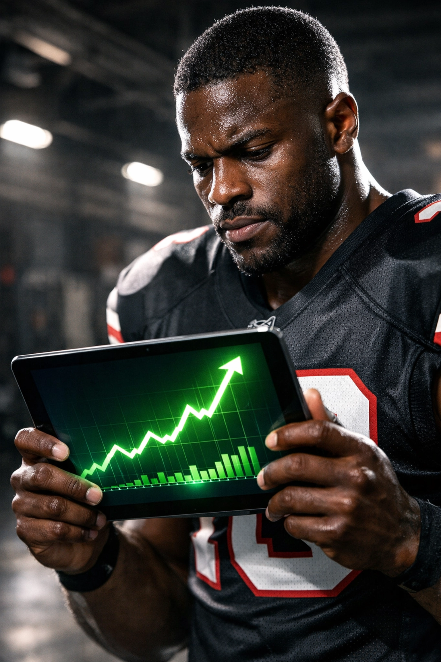 Professional athlete reviewing positive fan sentiment and brand engagement data on a tablet for NIL marketing.