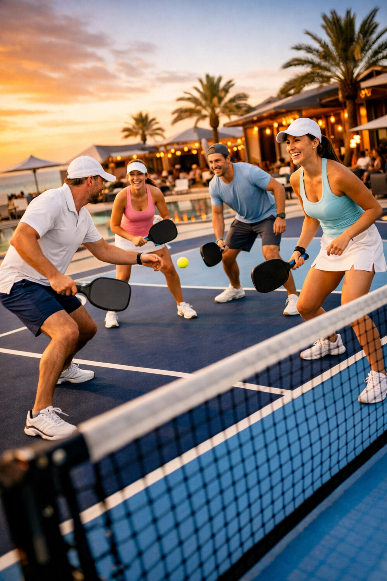 Modern guests playing on a professional blue pickleball court at a luxury coastal hotel resort.