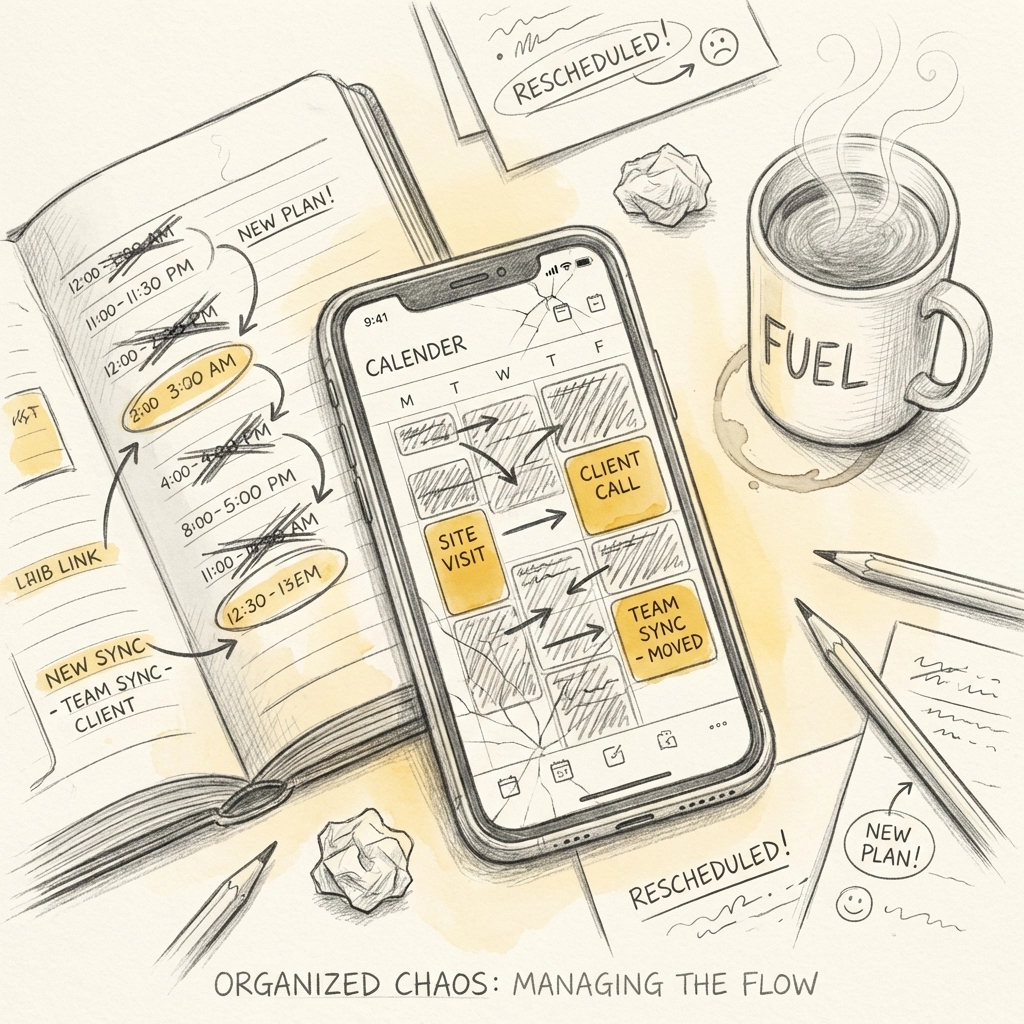 Desk scene with calendar, planner, and phone showing overlapping appointments: illustrates schedule conflict and rescheduling solutions