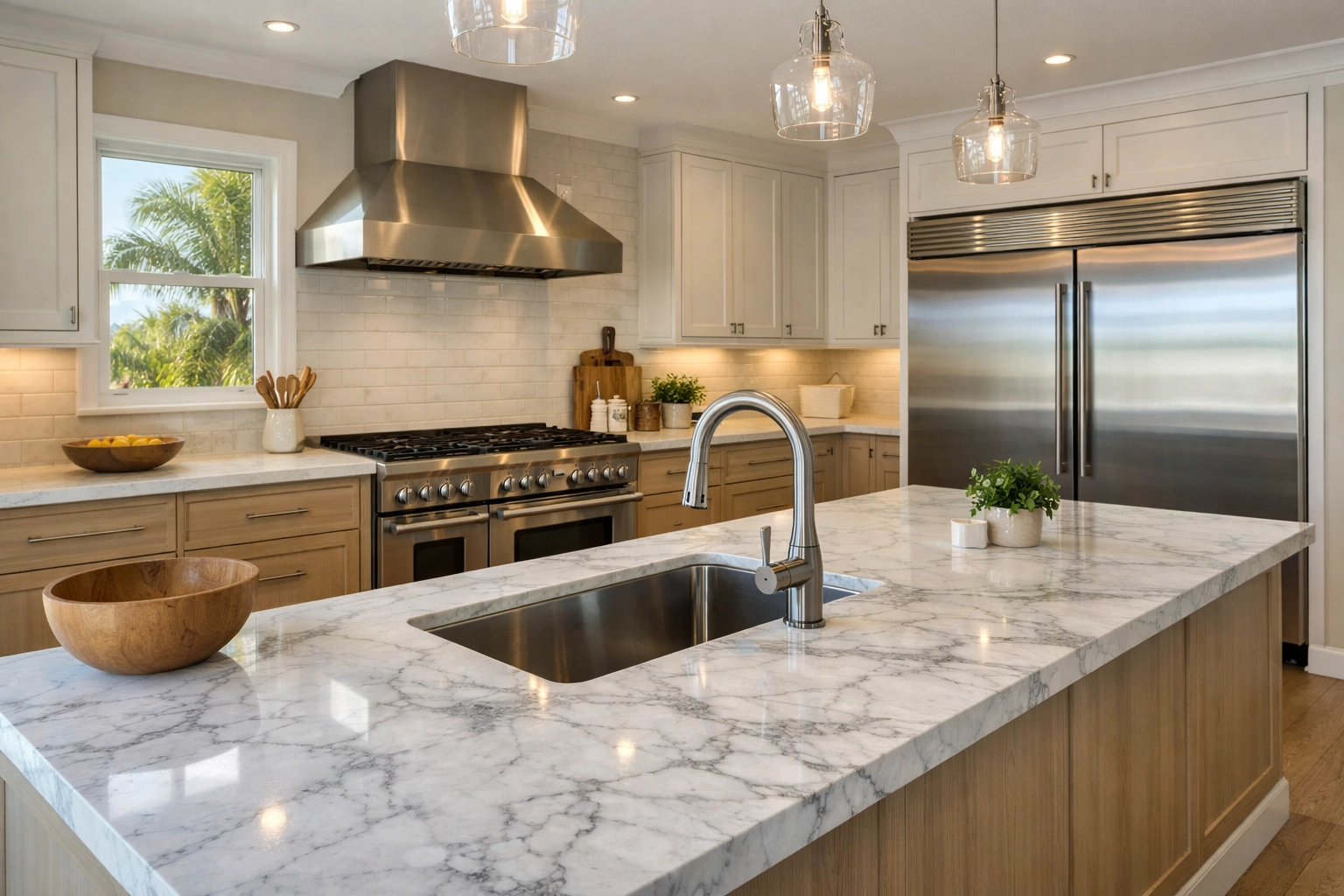 A professional kitchen remodel Venice FL showing an open layout with a marble island and light wood cabinets.