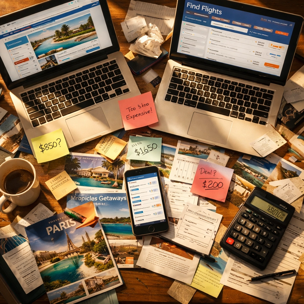 Overwhelmed traveler's desk with multiple laptops comparing flights and hotels during vacation planning