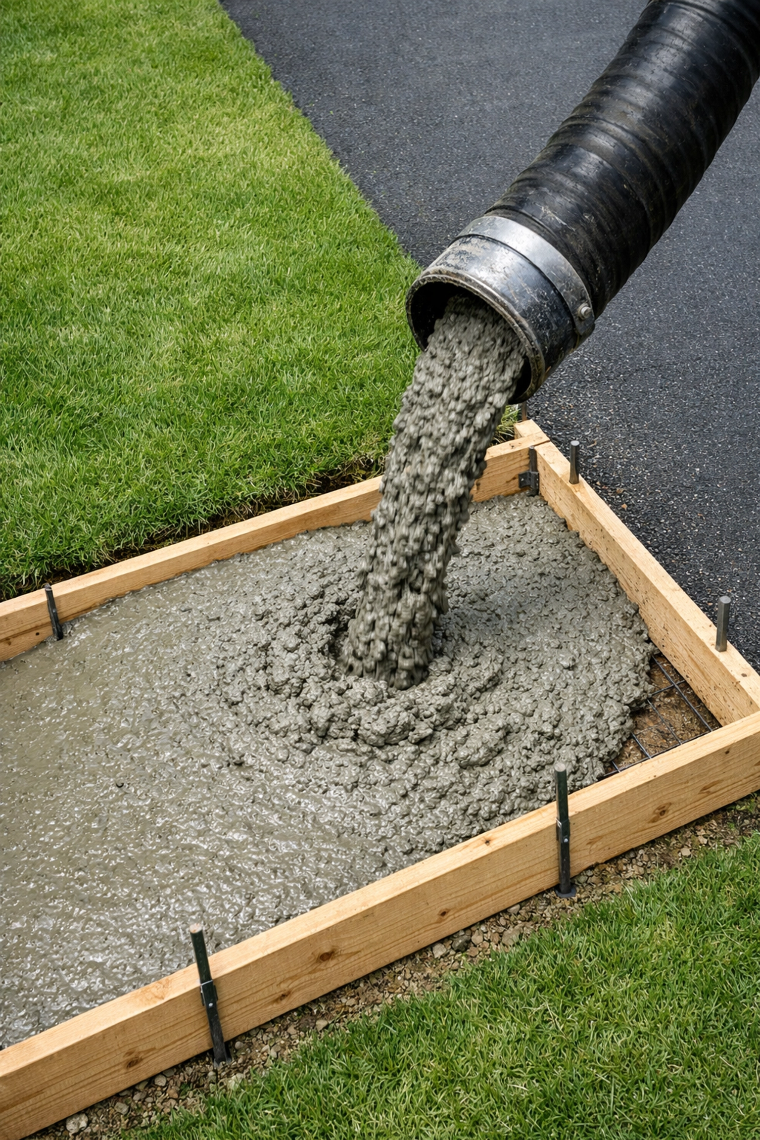 Precision concrete pumping into a wooden walkway form to minimize waste and protect the surrounding landscape.