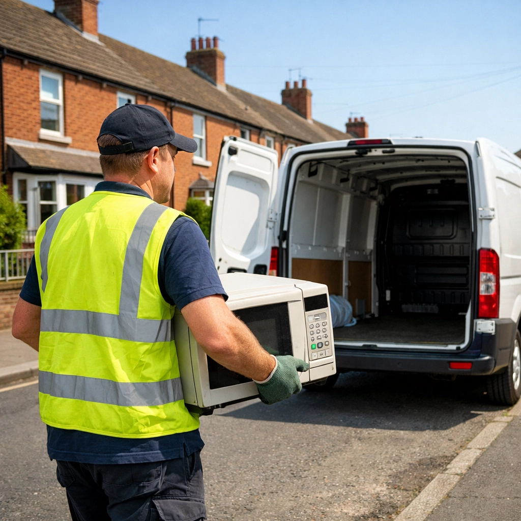 Professional waste carrier collecting an old microwave for free e-waste recycling in a residential area.