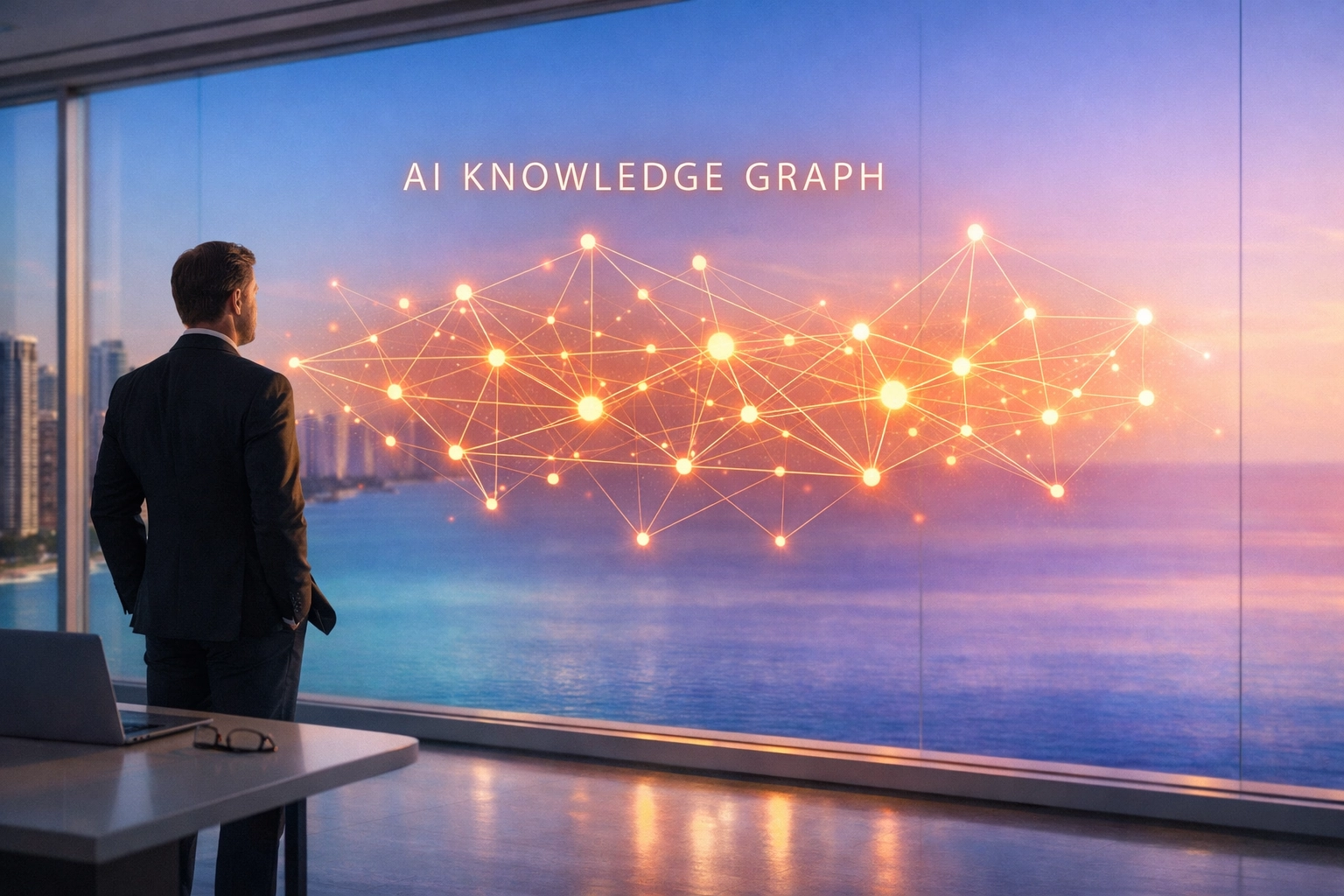 Miami entrepreneur viewing an AI knowledge graph for brand authority and LLM search optimization visibility.