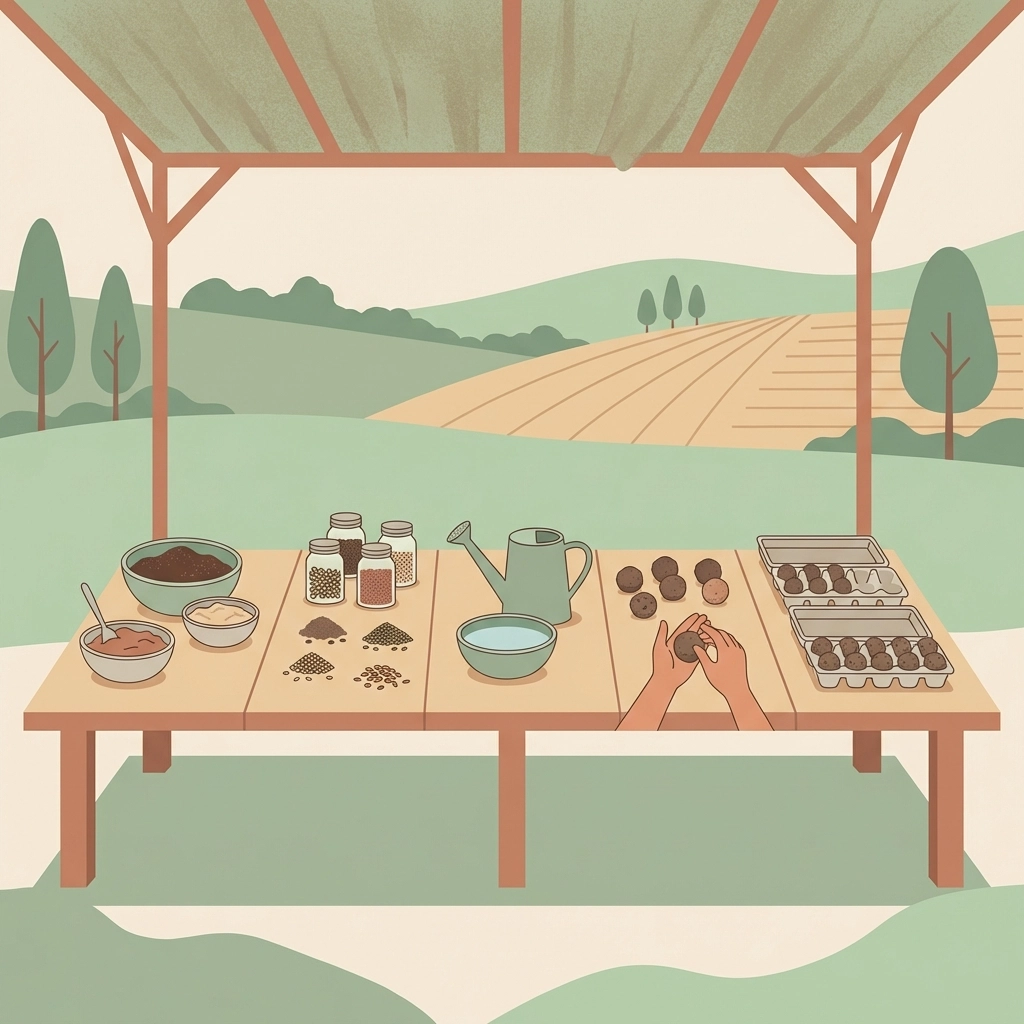 Organized farm workspace showing a step-by-step seed bomb assembly line with mixing, forming, and drying stations