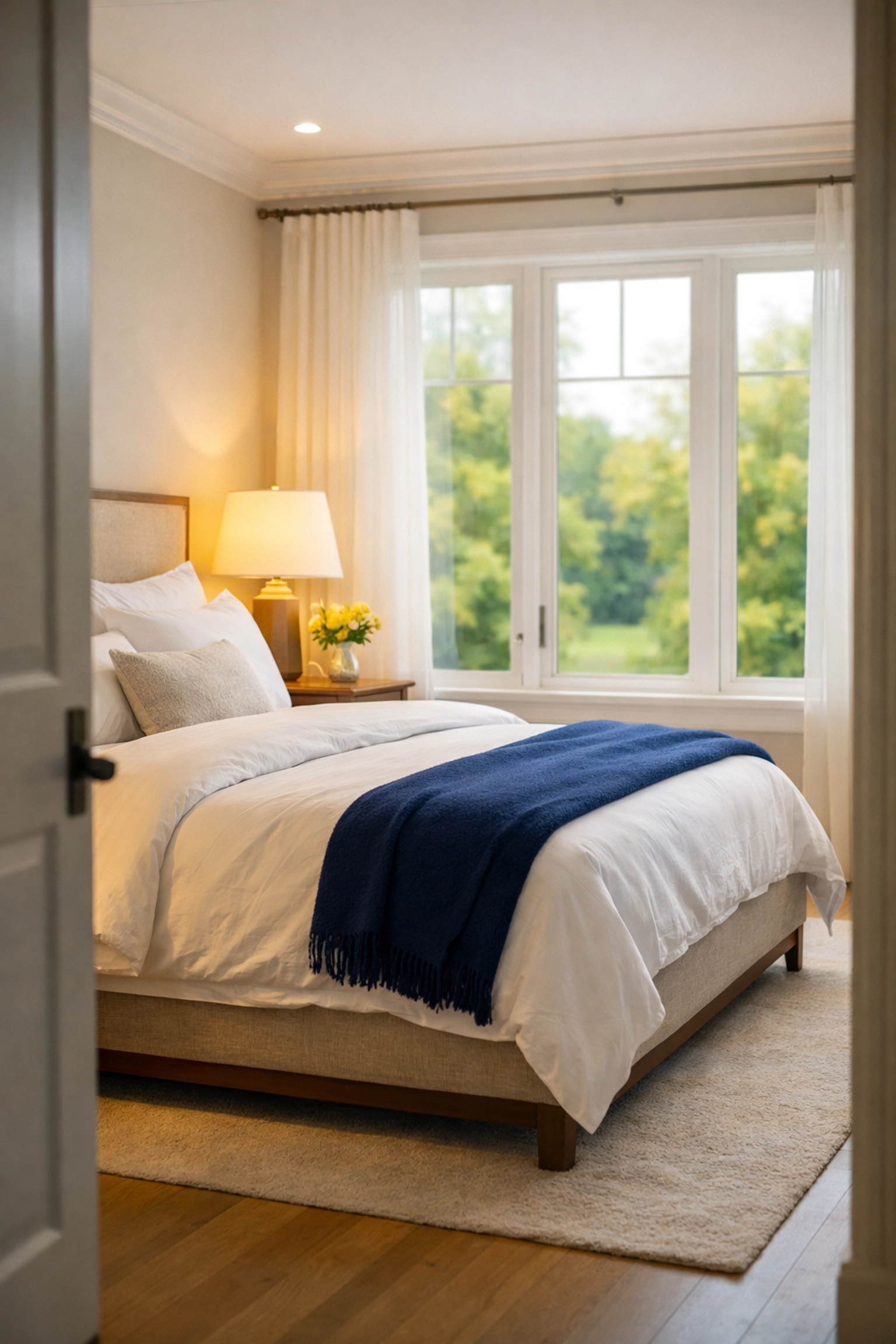 A serene, clean master bedroom in Southborough providing mental clarity through weekly house cleaning.