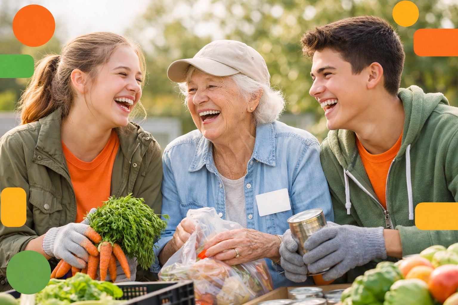 Teens volunteering with elderly person at community garden, building meaningful relationships