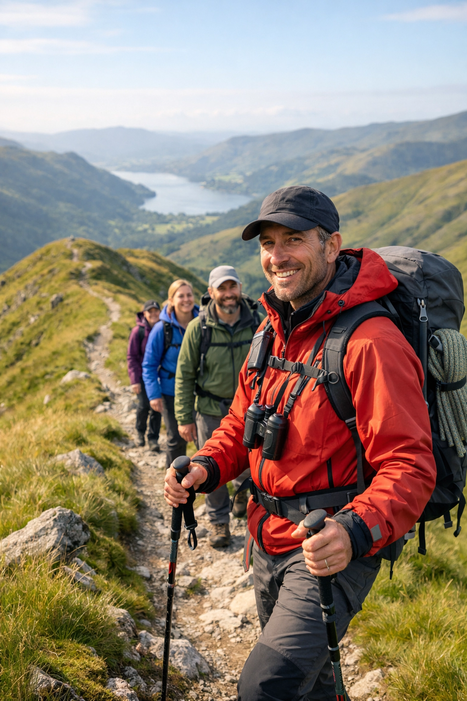 Professional guide leading a group on a scenic ridge during a guided hiking tour in the UK.